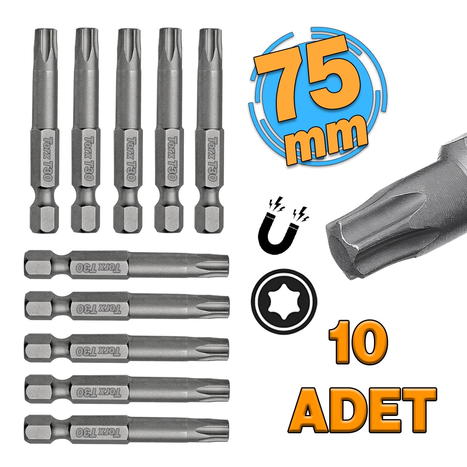 Mıknatıslı Torx T30 Bits Uç 75 mm 10'lu Set Kutulu Manyetik 1/4" Matkap Ucu Tork 7.5 cm Uzunluk