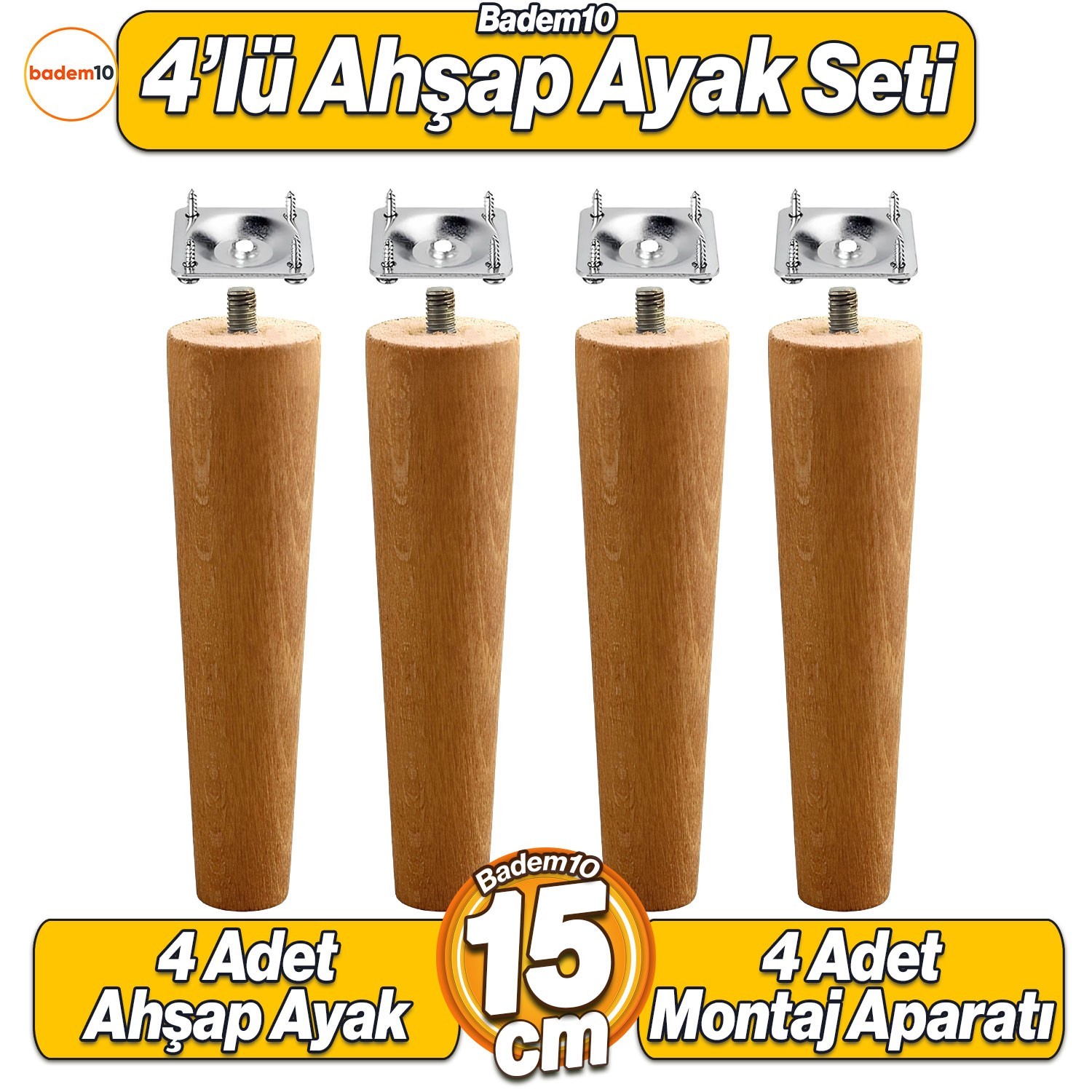 4'lü Set Ahşap 15 cm Mobilya Koltuk Kanepe Sehpa Masa Ayağı Ayakları M8 Civatalı Bağlantı Aparatlı 