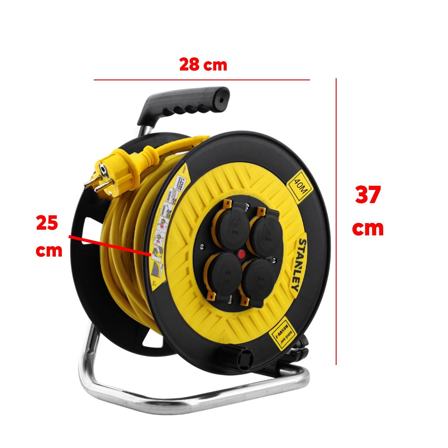 Stanley Plastik Makaralı Seyyar %100 Bakır Kablo 4 Prizli 40 Metre Kapaklı Uzatma Kablosu 3x2.5 mm H05VV-F