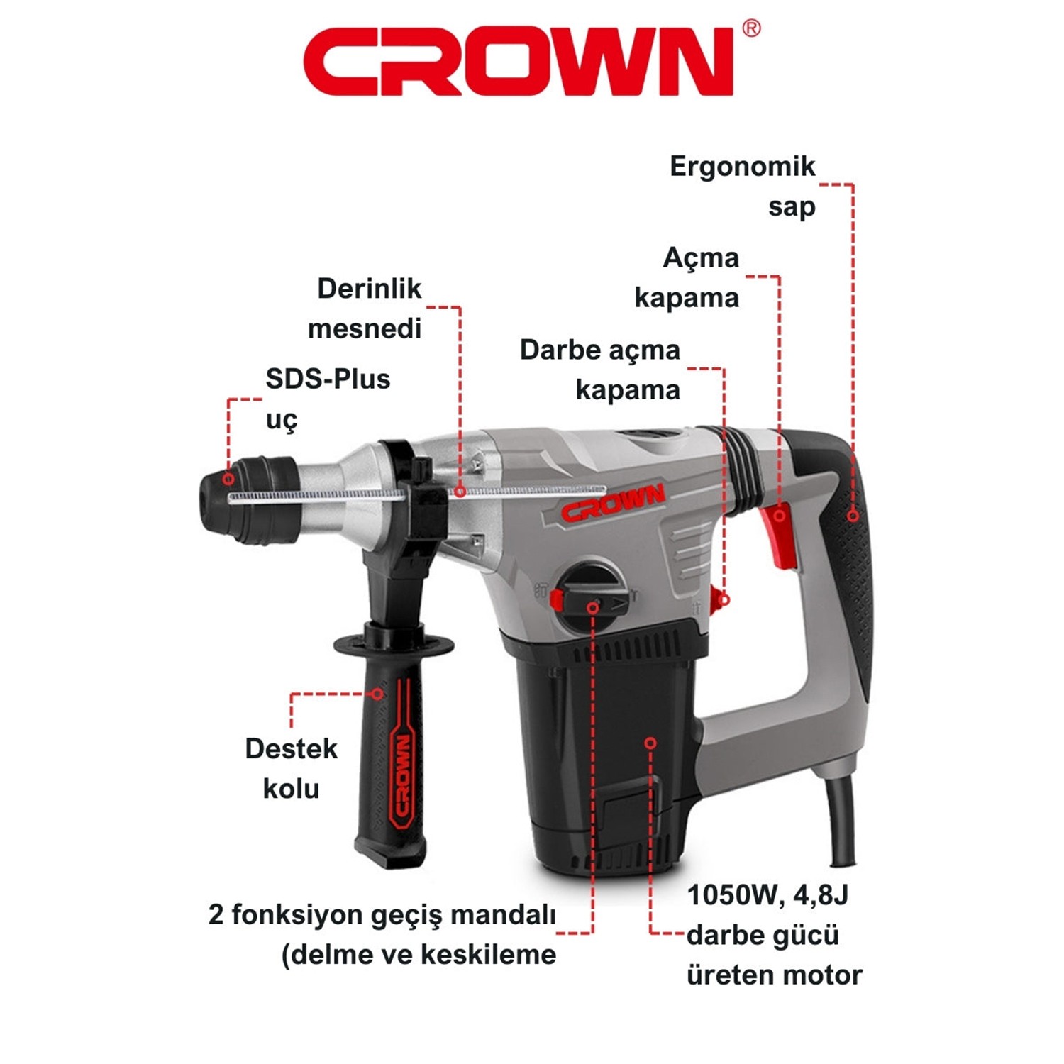Crown CT18116 Kırıcı Delici Hilti 5 Kg Darbeli Matkap 1050 W Metal Beton Kömürlü Delme 4.8 Joule Güç