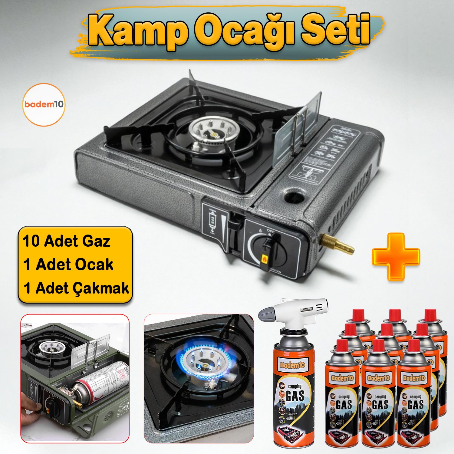 10'lu Gaz Taşınabilir Portatif Kamp Ocağı Tekli Tek Gözlü Gri Renk Kartuşlu Piknik Tüp Bağlantı Ocak