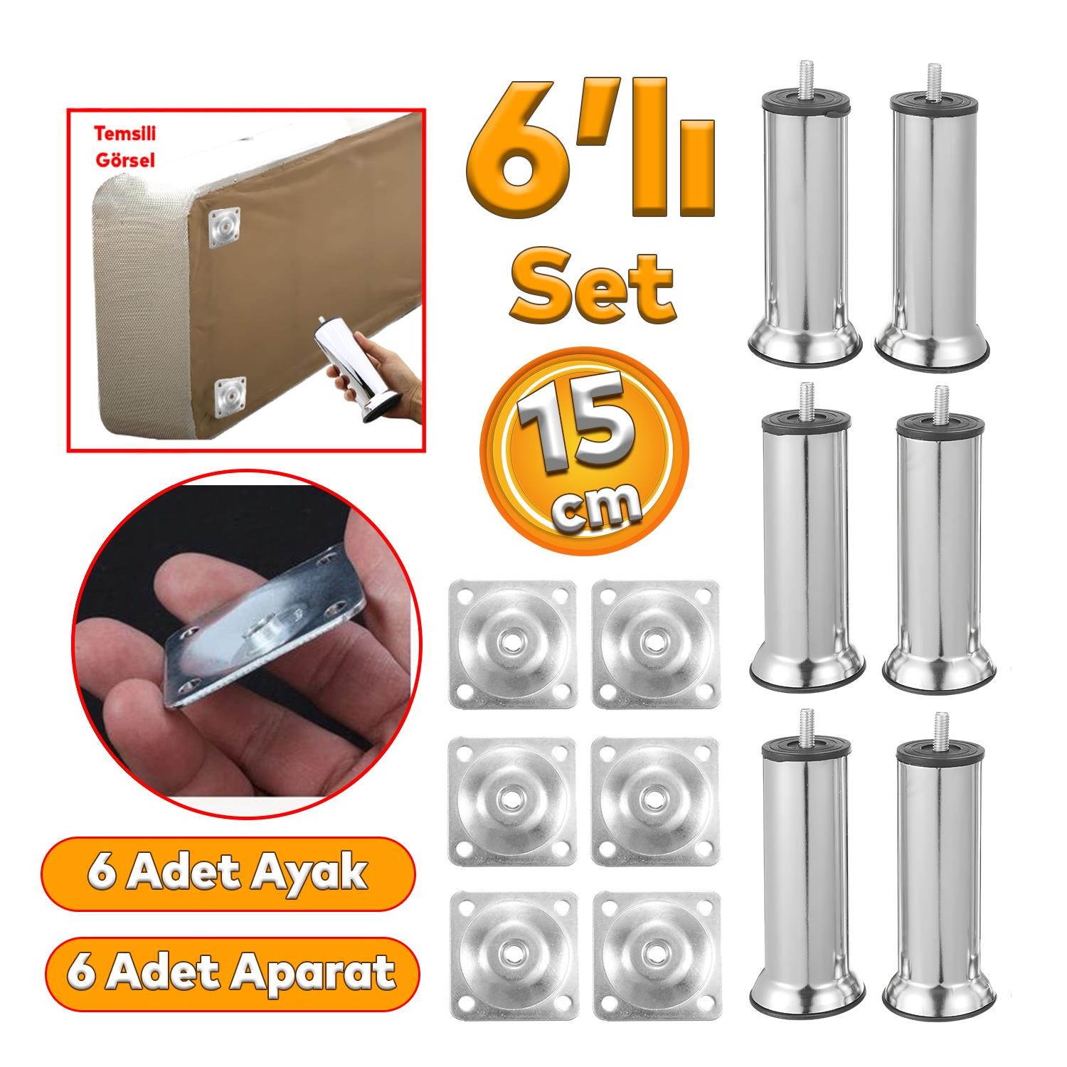 Mobilya Kanepe Baza Koltuk Çekyat 15 Cm Krom Metal Yükseltme Ayağı Ayakları M8 Aparatlı 6'lı Set