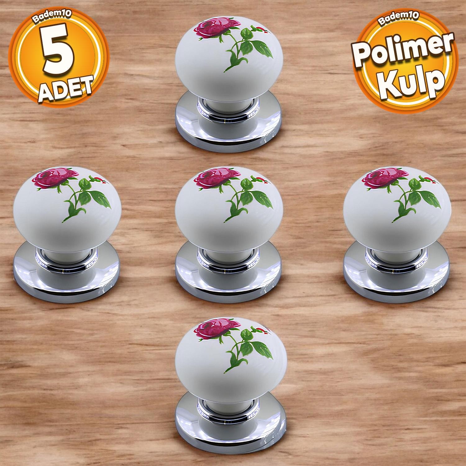 Polimer Düğme Kulp Gül Desenli Krom Tabla Mobilya Mutfak Dolabı Çekmece Dolap Kulpu Kulbu 5 ADET