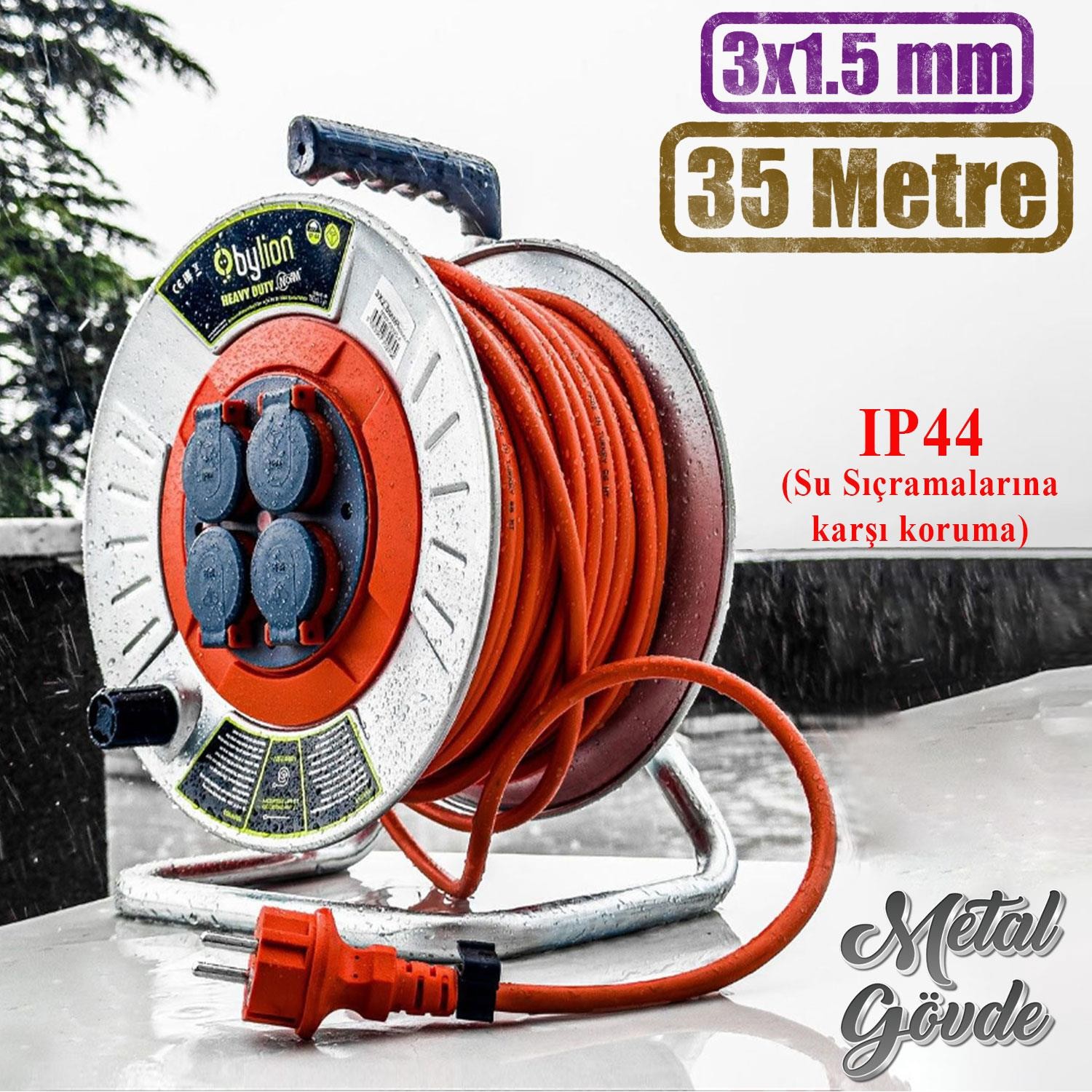 Makaralı Seyyar Kablo Kapaklı 4 Prizli Metal Uzatma Kablosu 3x1.5 mm TTR Kablo 35 Metre