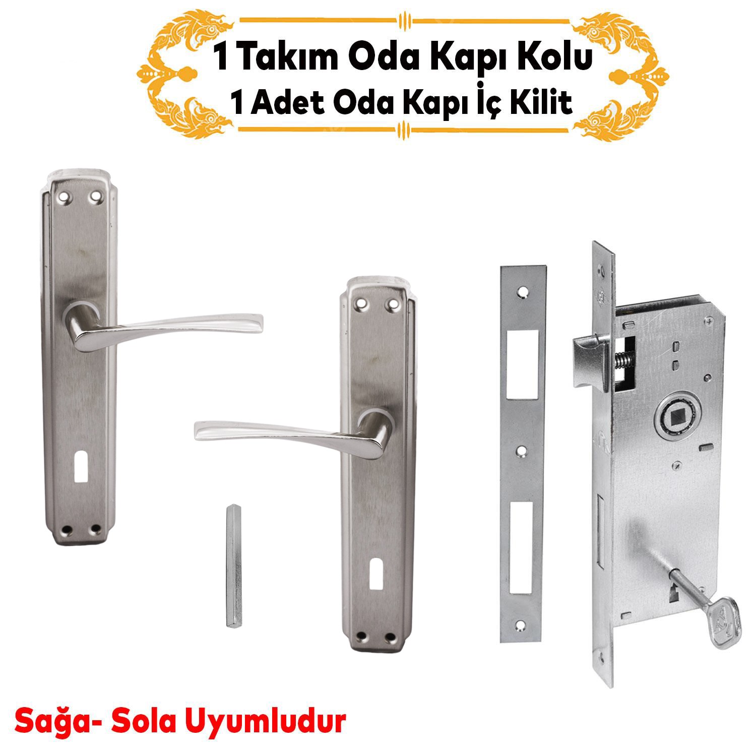 Kumru Nikel Saten Oda Kapı Kolu + Hok ER-40 Ekstra Gömme Kilit İç Kapı Oda Kilidi Rulmanlı Köşeli 40 mm Takım