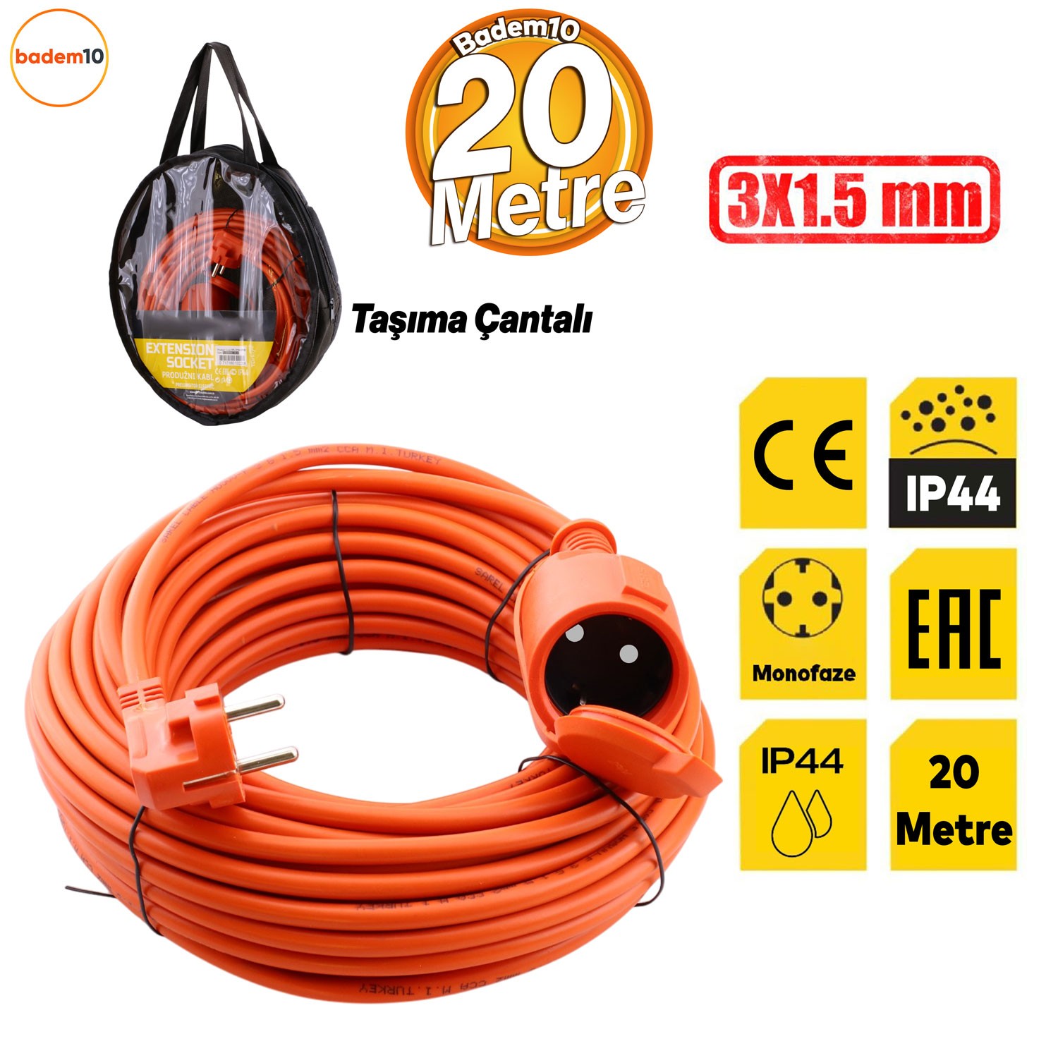 Uzatma Kablosu 3x1.5 mm 20 METRE Topraklı Kablolu Tekli Grup Fiş Priz Kapaklı Monofaze Ev Tipi