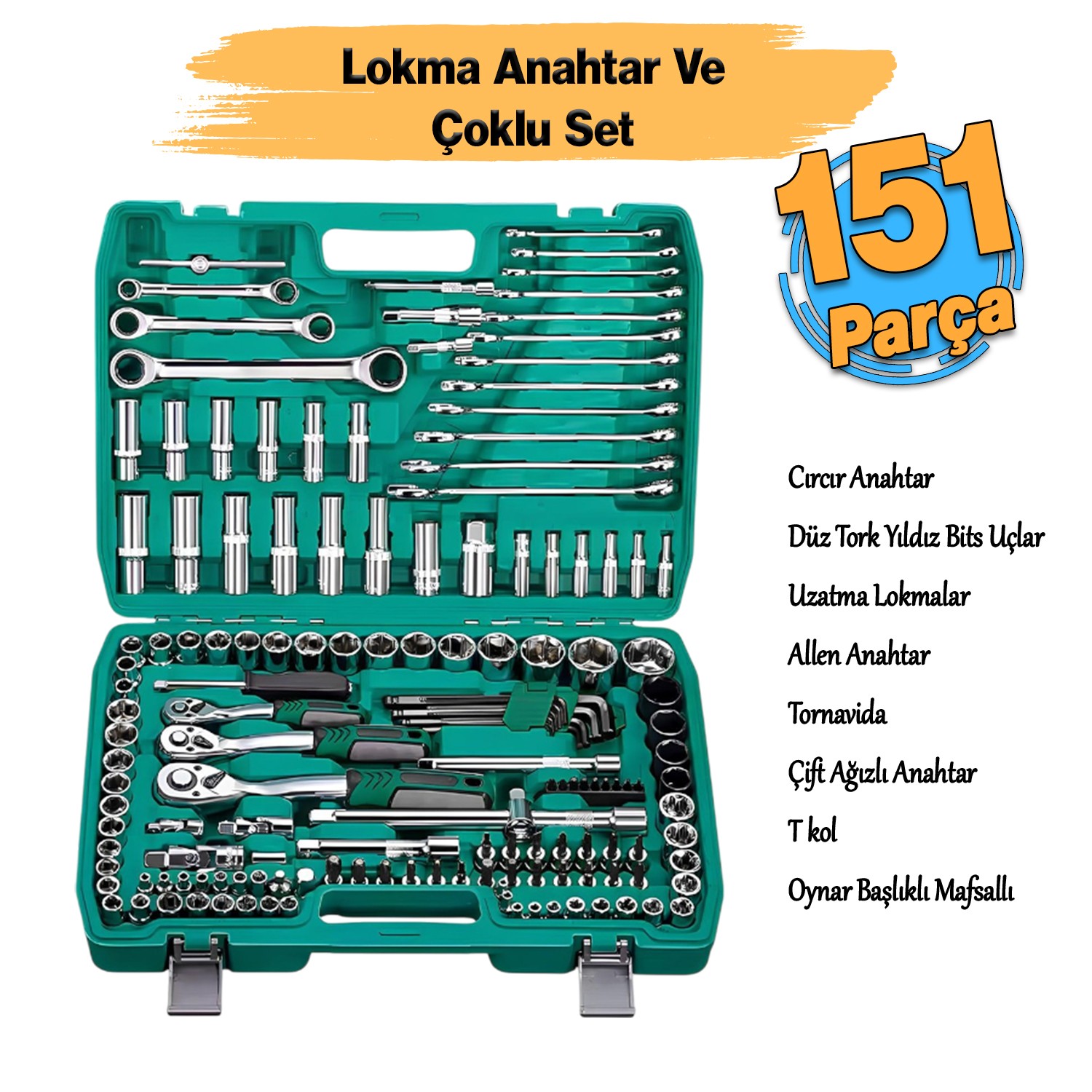 Lokma Anahtar Takımı 151 Parça Uzatma Kolu Mafsallı 1/2 3/8 1/4 Yıldız Tork Düz Set Bits Uç Allen