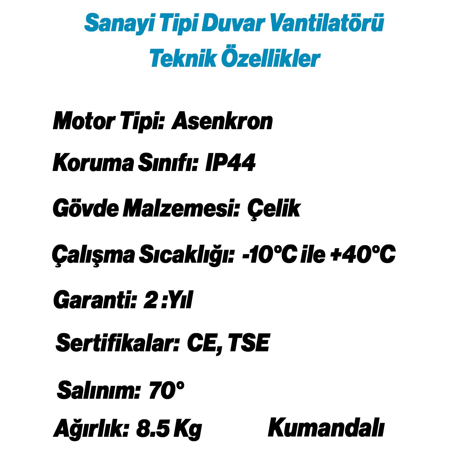 Sanayi Tipi Kumandalı 75 cm 210W Duvar Vantilatörü Endüstriyel Sessiz Duvara Monte Zincirli Fan