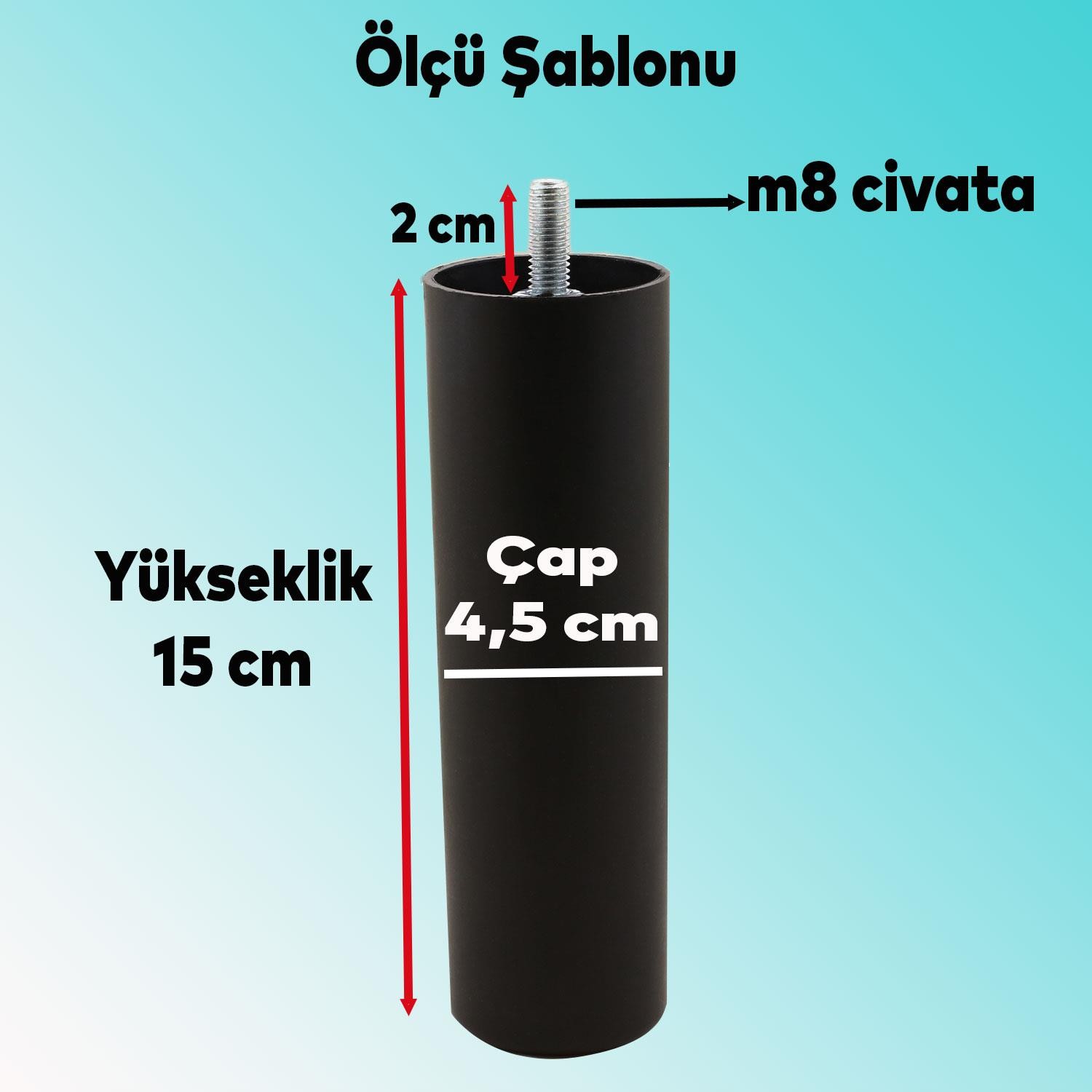 Mobilya Kanepe Koltuk Baza Yükseltici Yükseltme M8 Civatalı Vidalı Orta Destek Ayağı Ayak Siyah 15cm