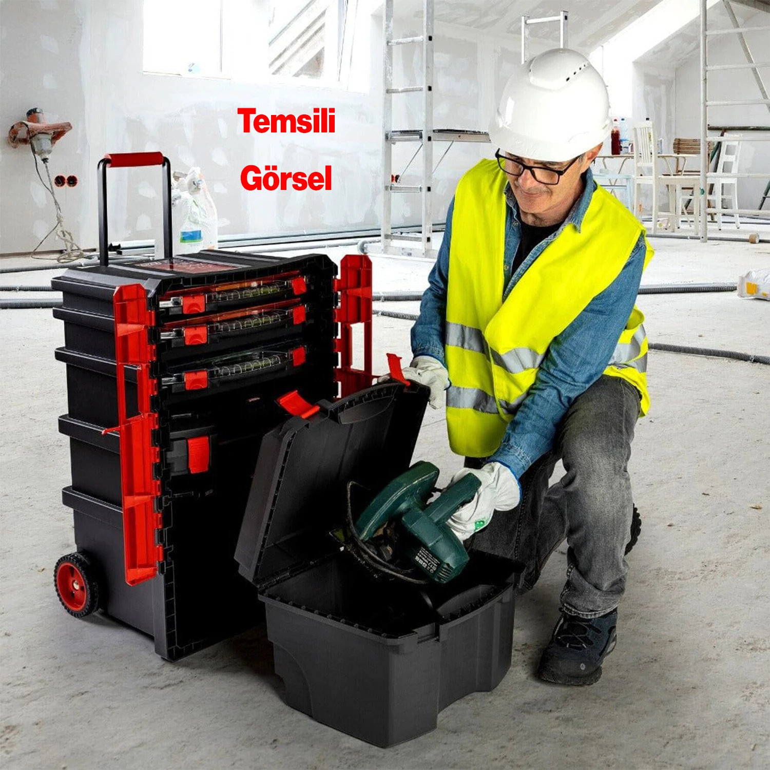 Tekerlekli 5 Katlı Taşınabilir 70 Litre Organizer Bölmeli Kulplu Kilitli Takım Çantası Alet Çanta