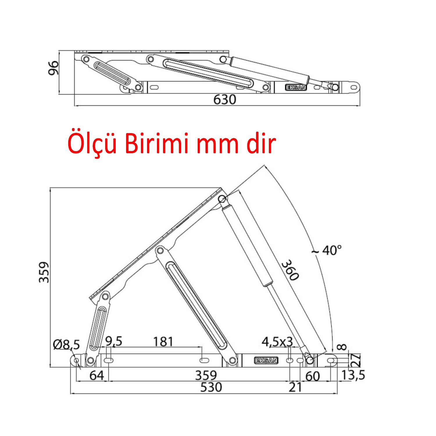 Baza Kapak Makası Gazlı Amartisör Piston 40° Siyah Boyalı Standart Geniş Kollu 1 Çift Yatak Sağ Sol