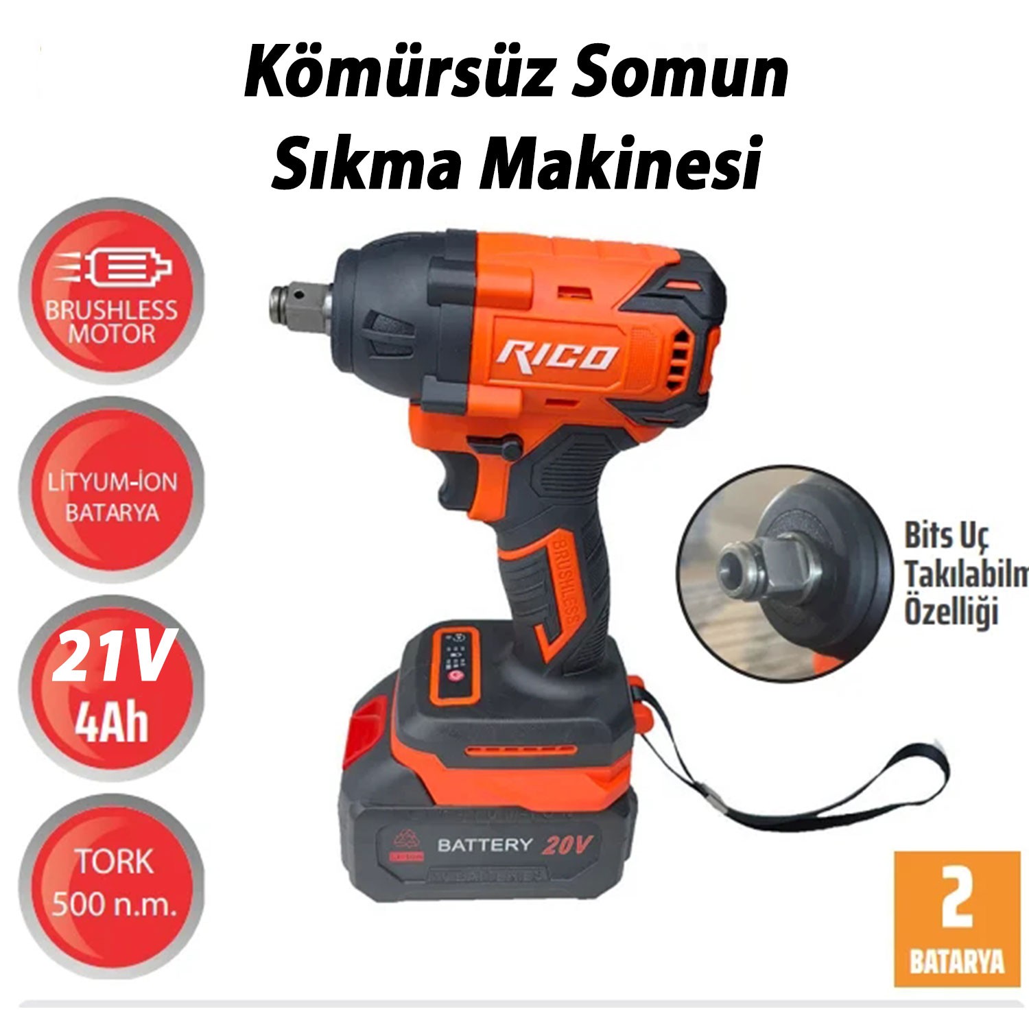 Rico 028-RE0007 21V Kömürsüz Şarjlı Somun Sıkma Makinesi 650 Nm Lastik Teker Bijon Sökme Tabanca