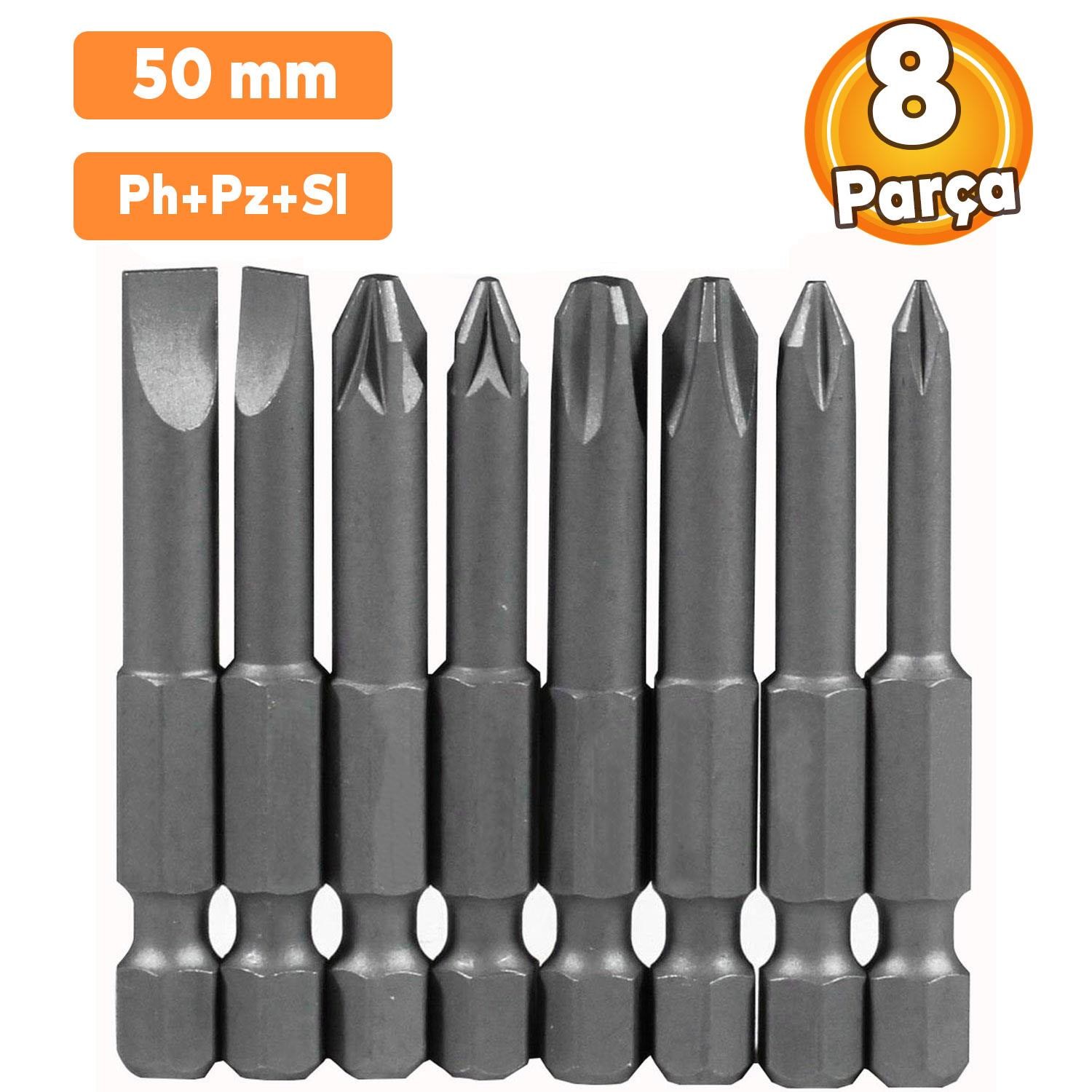 Matkap Ucu Uçları 50 mm Yıldız Düz Bits Vidalama Uç Seti PH+PZ+SL 8 Parça