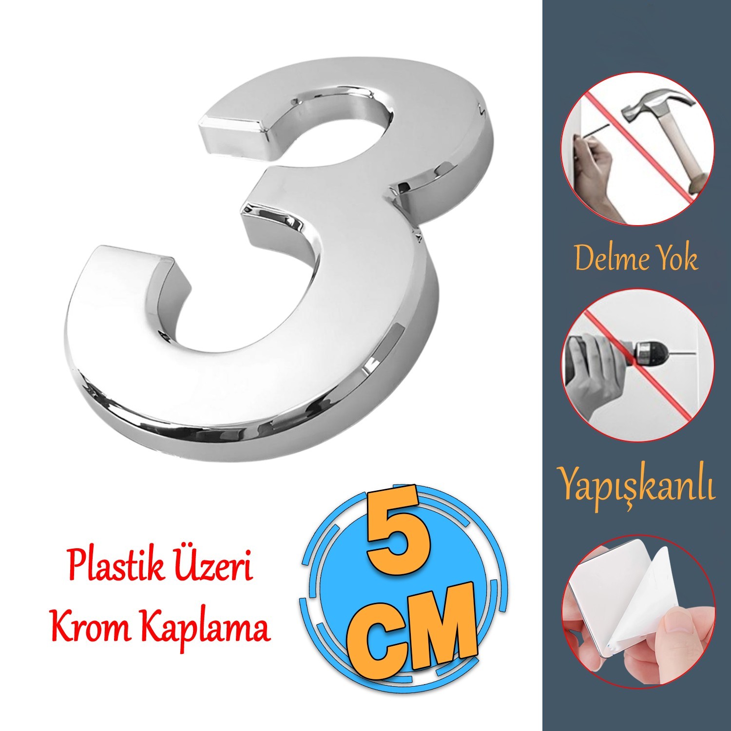 Yapışkanlı Kapı Numarası Küçük Boy 50 mm 5 cm Numara 3 Rakam Üç Sayısı Krom Renk Numaralar 1 Adet