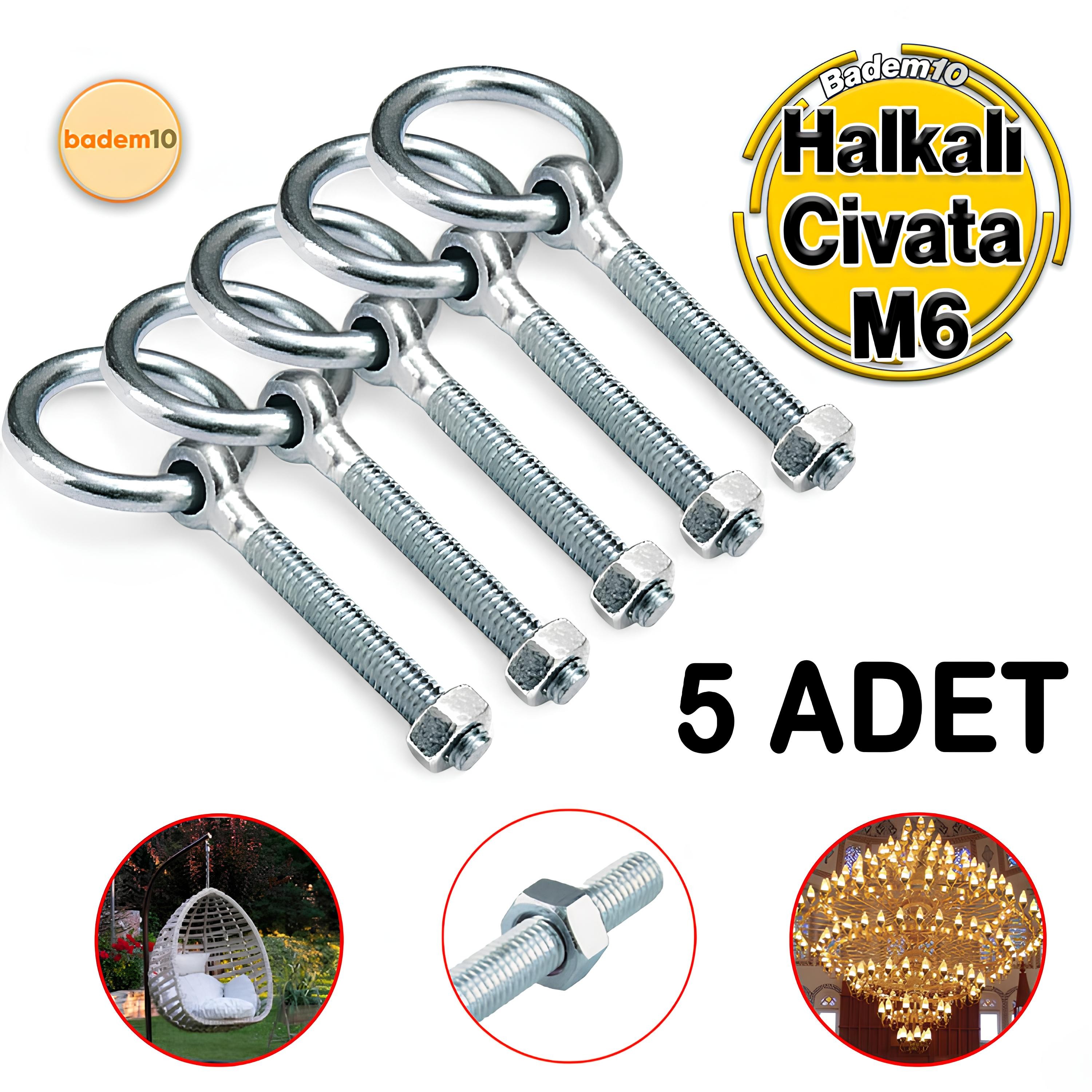 M6 Somunlu 5 li Delikli Halka Metal Paslanmaz Civata Sabitleme Çekme Kaldırma Tavan Kancası Asma Kit