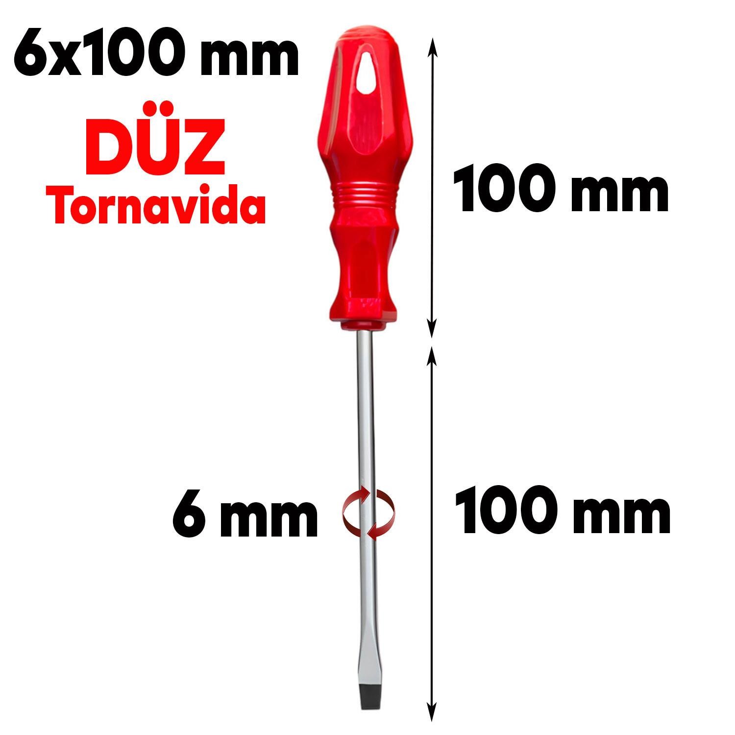 Tornavida Düz Tornavida Kırmızı Plastik Sap 6x100 mm