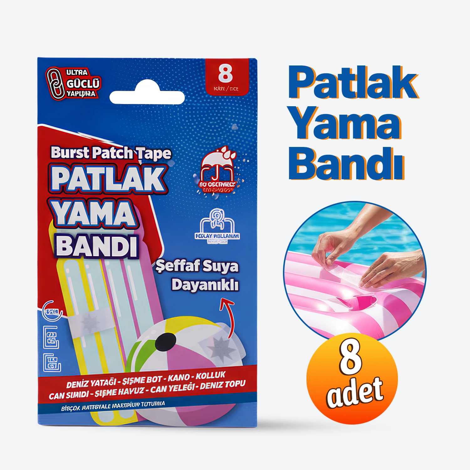 Suya Dayanıklı 8 Adet Patlak Yama Bandı Deniz Yatağı Deniz Topu Şişme Havuz Tamir Bandı