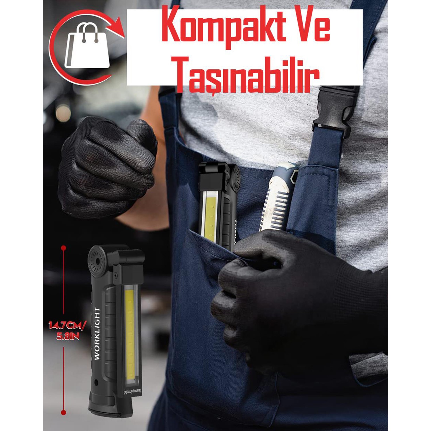 Ledli El Feneri Lambası 5 Modlu Şarjlı Mıknatıslı Kamp Feneri Beyaz Kırmızı Sos Işık 360° Dönerli
