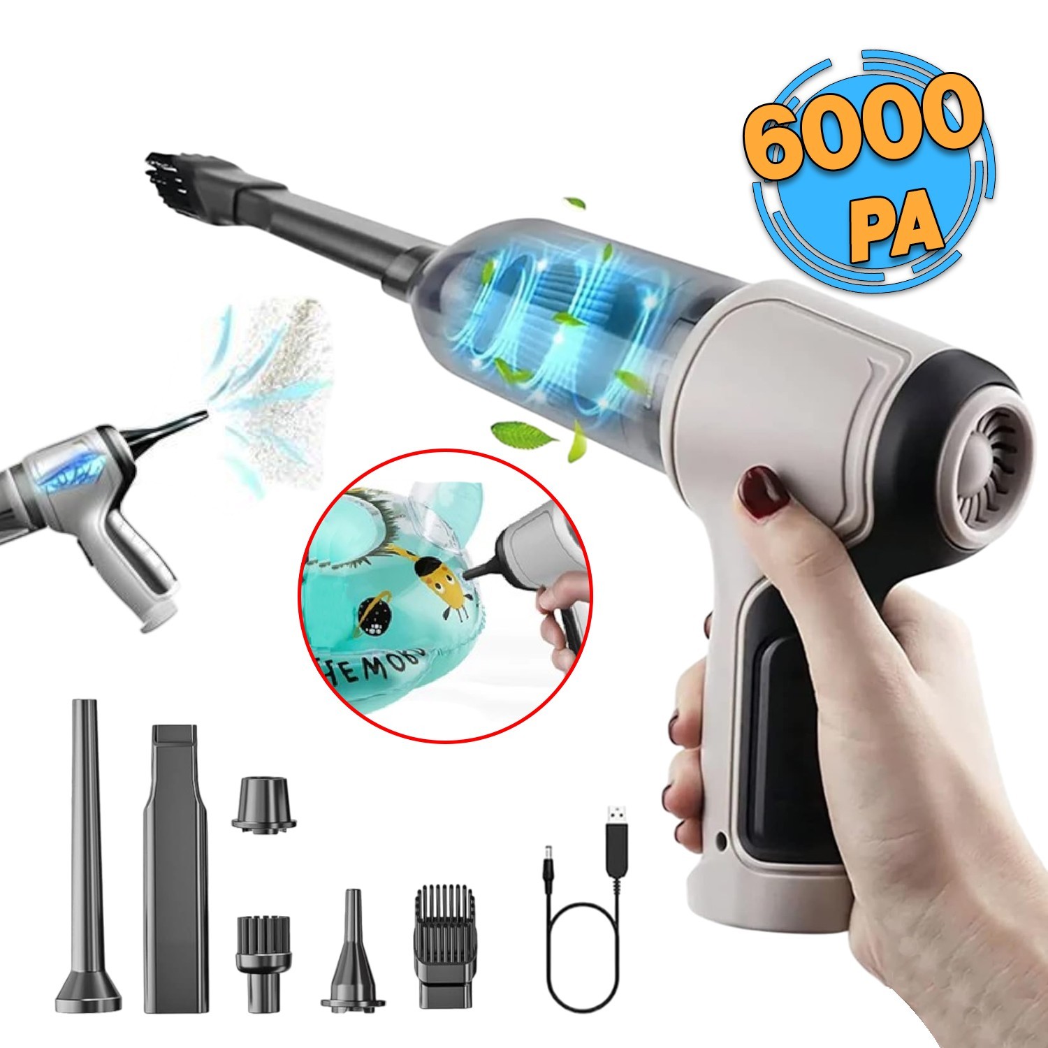 Portatif Usb Sarjlı Araç Ev Ofis Süpürge Süpürme Hava Üfleyici Top Balon Yatak Şişirme 50 W 6000 PA