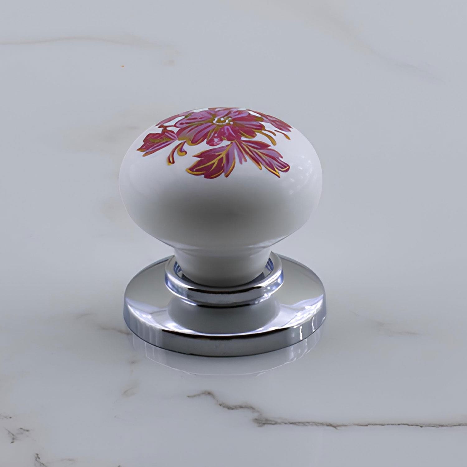Polimer Düğme Kulp Pembe Desenli Krom Tablalı Dolap Mobilya Mutfak Dolabı Çekmece Dolap Kulpu Kulbu