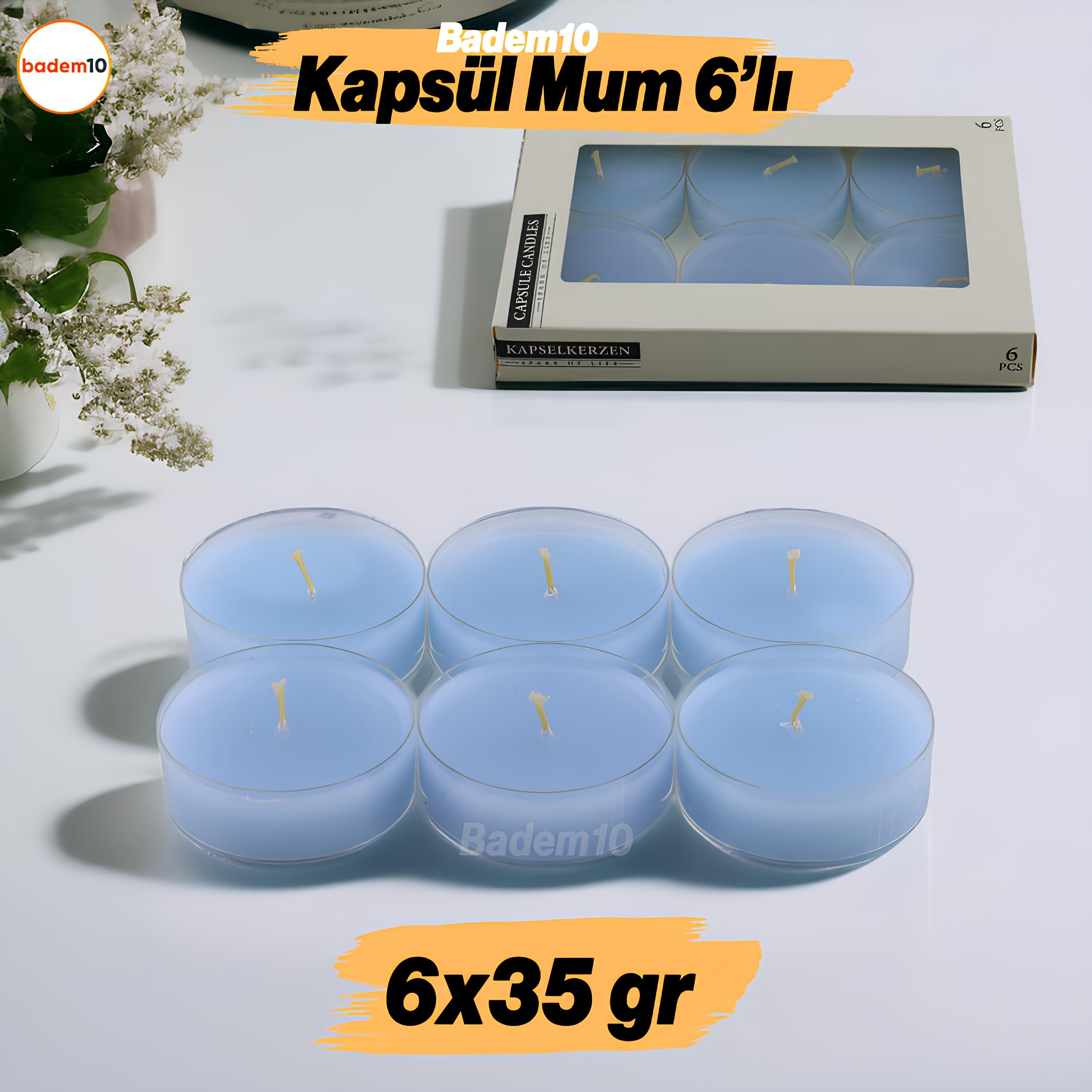 Tealight Kapsül Mum 6x35 Gr Dekoratif Mumu Kandil Hediyelik Fitilli Mumluk Şamdan Mavi Renk Kokulu