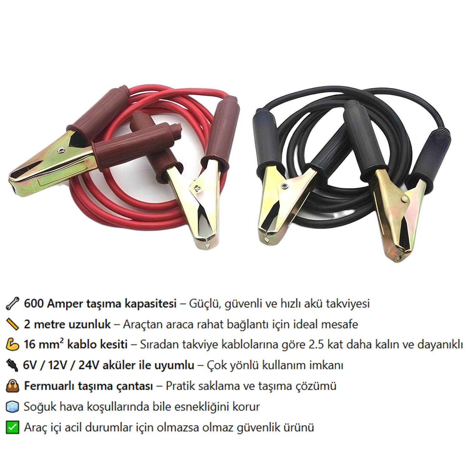 2 Metre 16 mm² Kalınlık 6V/12/24V 600 Amper Akü Takviye Kablosu Araç Araba Oto Akümülatör Sarj Şarj