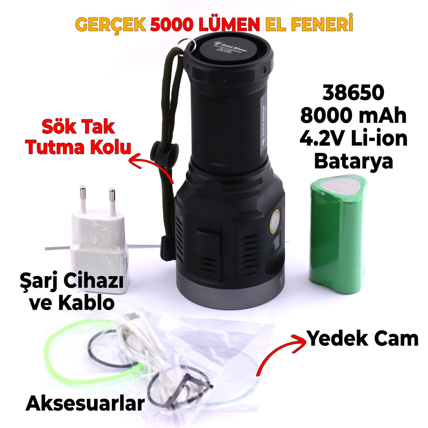 El Feneri Uzun Menzil 5000 Lümen 50W Li-ion 8000 mAh Şarjlı Powerbank Ledli Parlak Su Geçirmez Kamp