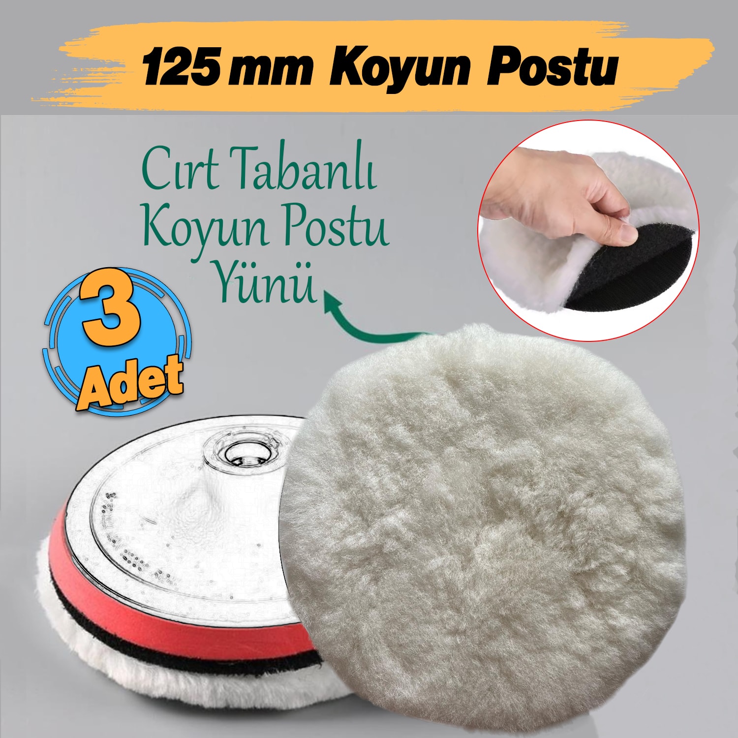 ( 3 Adet ) Koyun Postu Pedi Ø 125 mm Pasta Cila Polisaj Süngeri Cırt Tabanlı Kuzu Postu Yünü Keçesi Parlatma