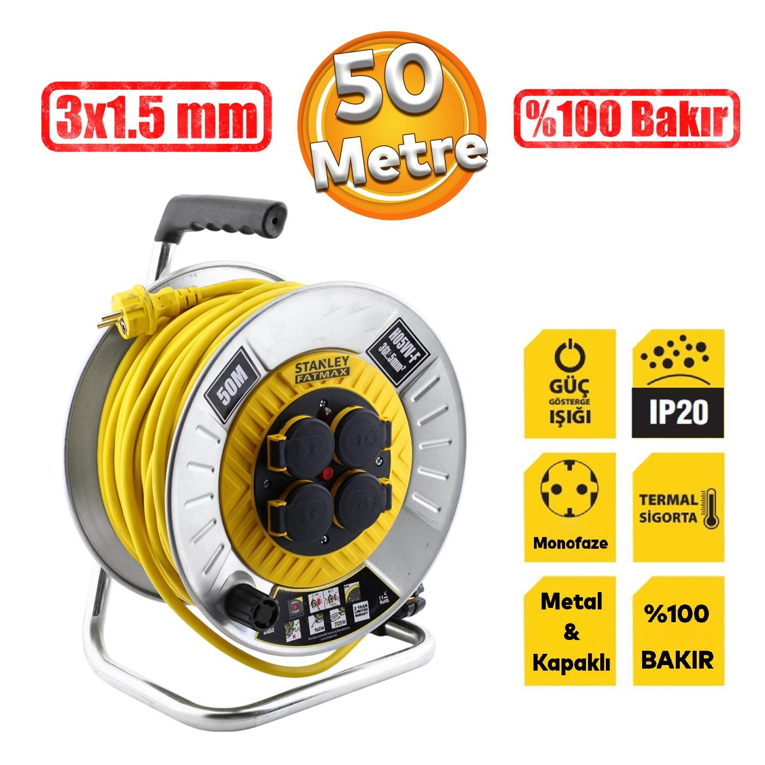 Stanley Metal Makaralı 50 Metre Seyyar %100 Bakır Kablo 4 Prizli Kapaklı Uzatma Kablosu 3x1.5 mm H05VV-F