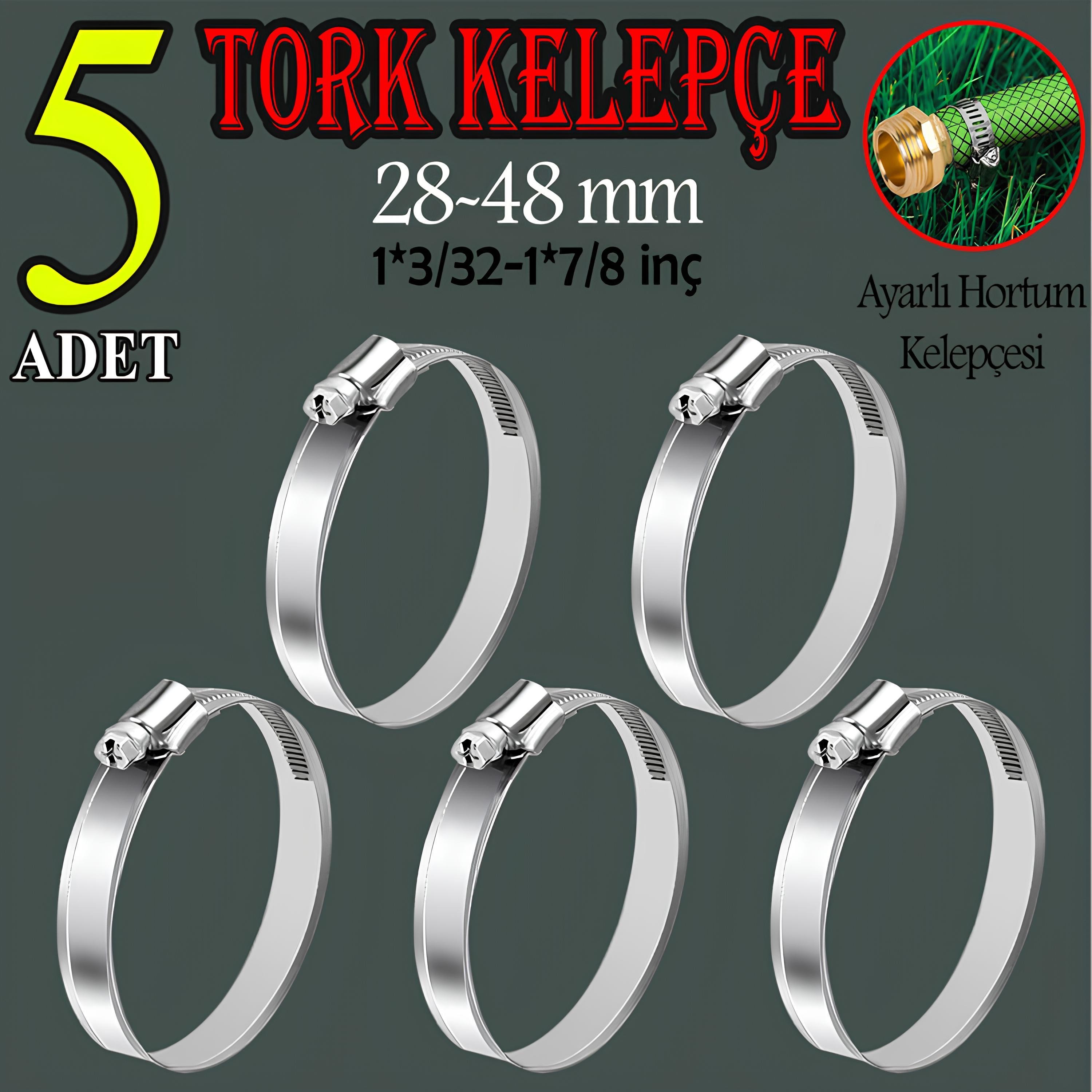 Hortum Kelepçesi Tork Ayarlı 28x48 mm Paslanmaz Çelik Boru Metal Kelepçe Ayarlanabilir klips 5 ADET