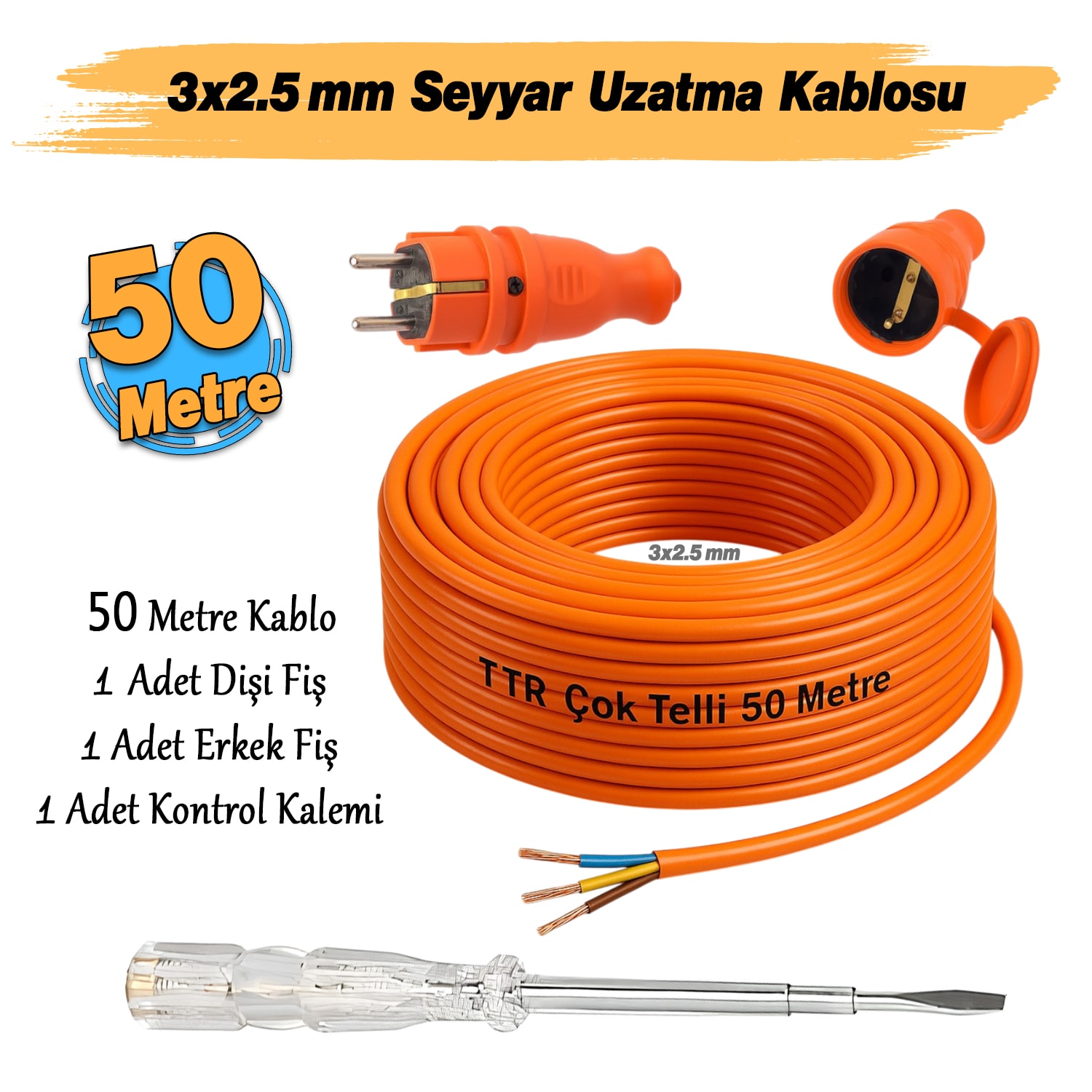 Seyyar 50 Metre Uzatma Kablosu TTR CCA Telli 3x2.5 mm Elektrik Kablo Kontrol Kalem Dişi Erkek Fiş