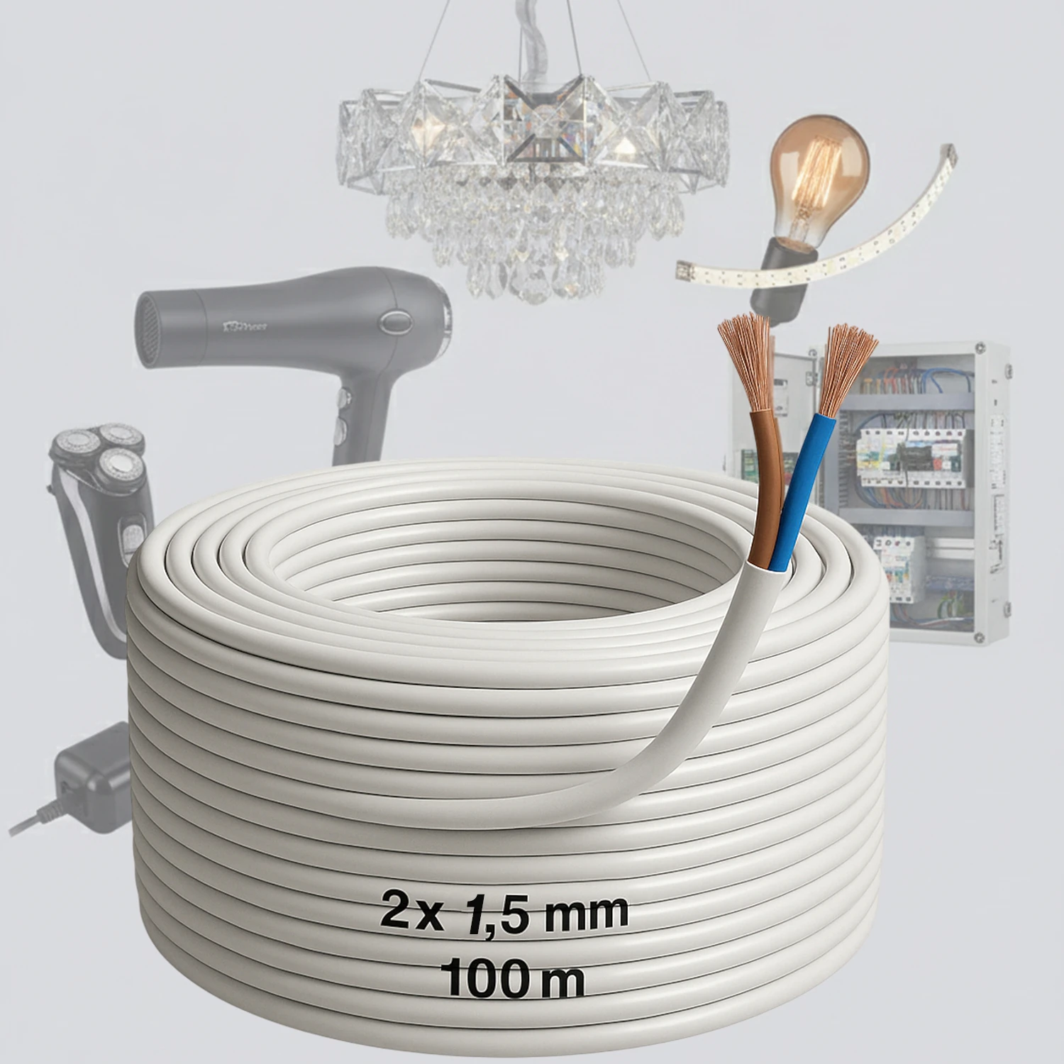 CCA Çok Telli Kablo 2x1.5 mm 100 Metre Elektrik Kablosu Topraklama Yok Alüminyum Alışım Beyaz Renk