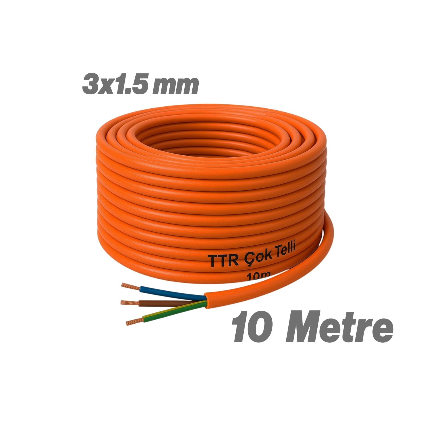 Seyyar 10 Metre Uzatma Kablosu TTR CCA Çok Telli 3x1.5 mm Elektrik Kablo Kontrol Kalem Dişi Erkek Fiş