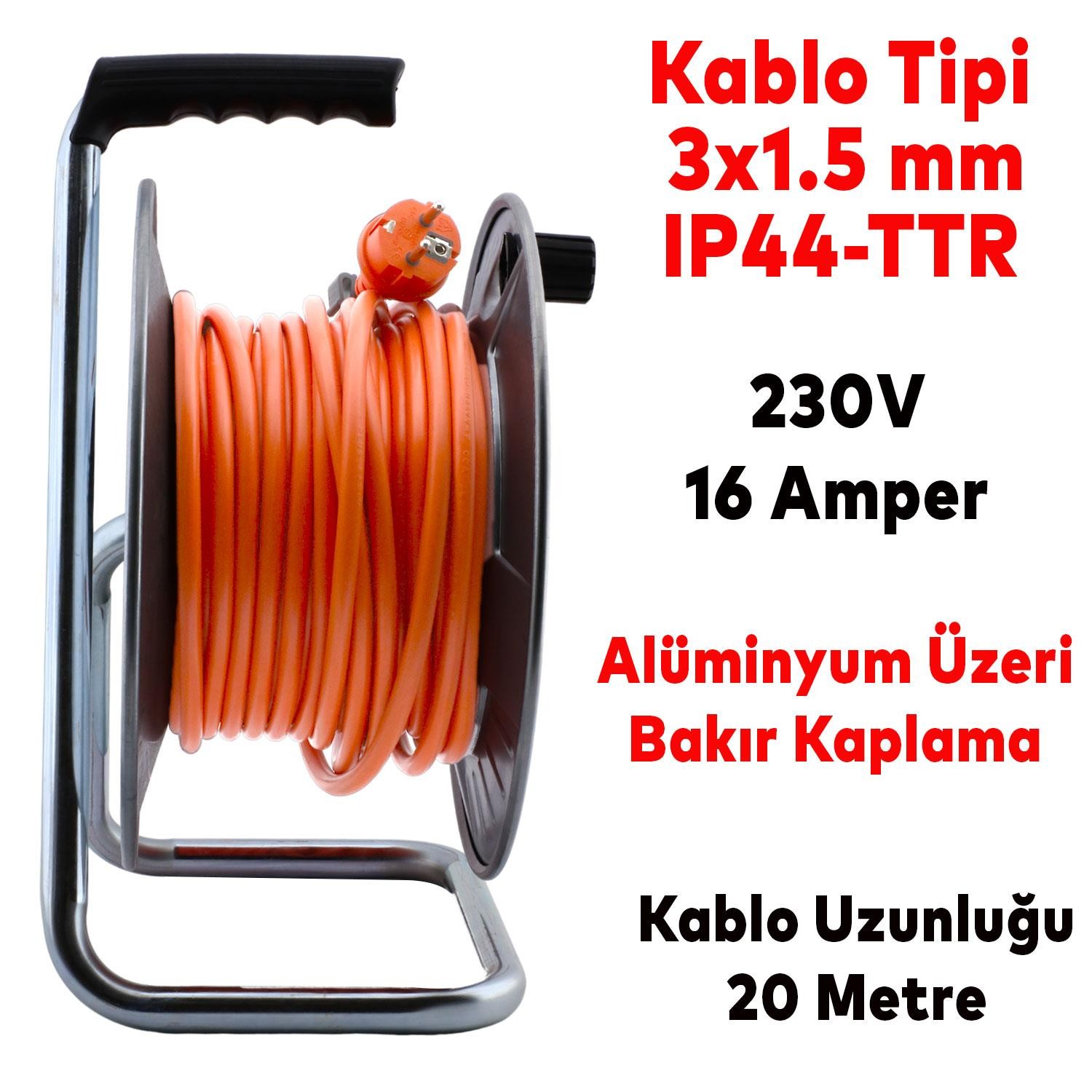 Bylion Makaralı Seyyar Kablo Kapaklı 4 Prizli Metal Uzatma Kablosu 3x1.5 mm TTR Kablo 20 Metre