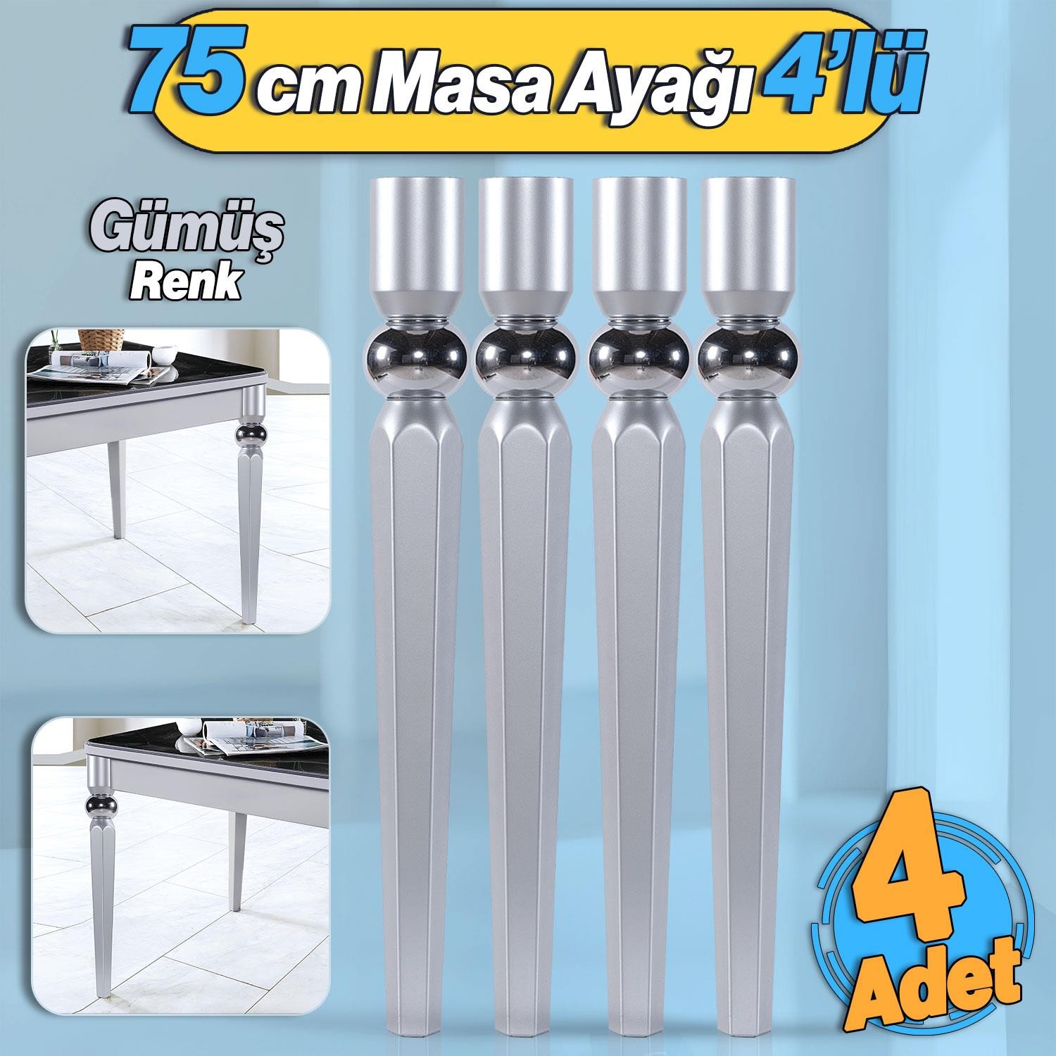 4 Adet Elips Masa Dresuar Ayağı 75 cm Plastik Gümüş Gri Mutfak Yemek Masası Mobilya Ayakları