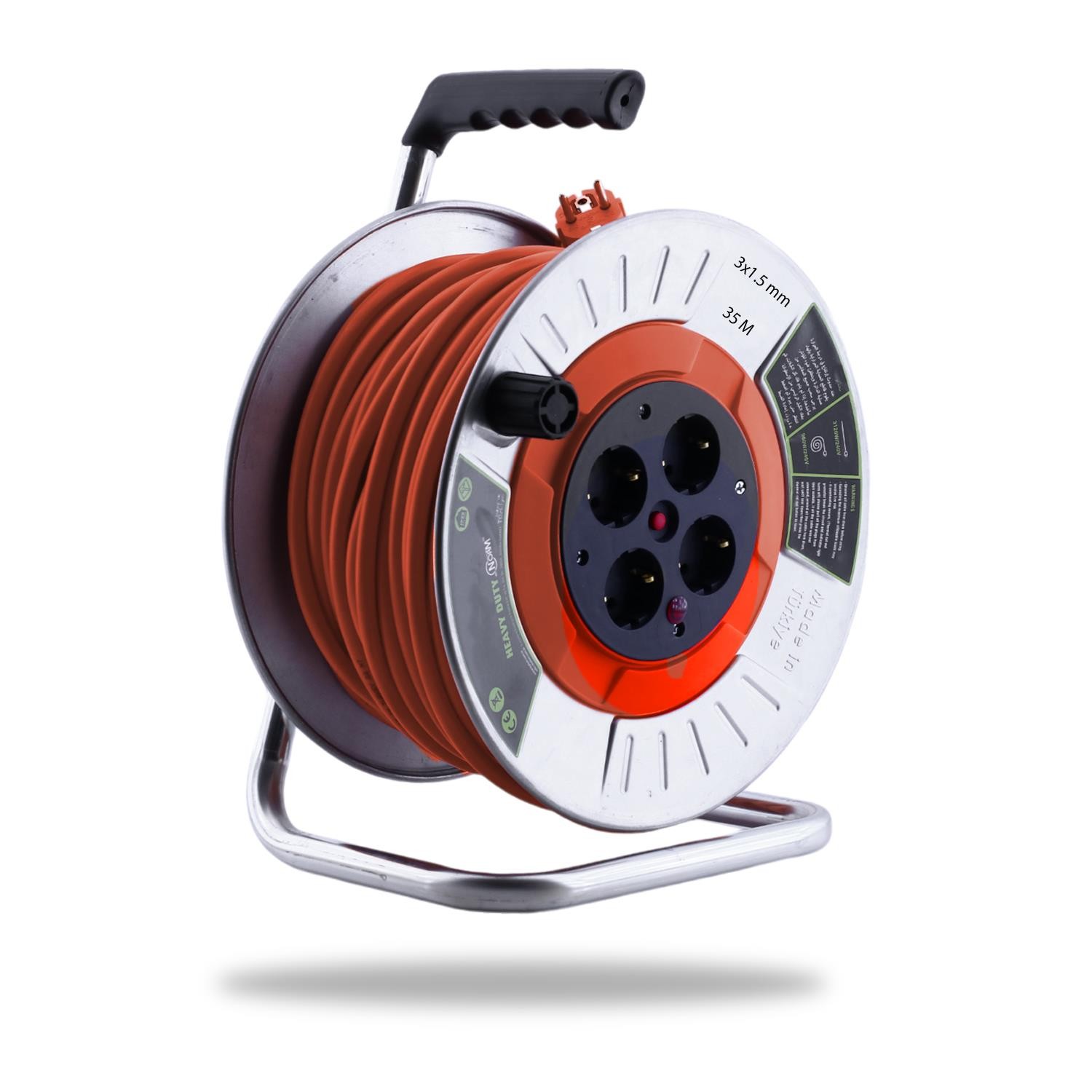 Bylion MME-35315-F Metal Makaralı Seyyar CCA Kablo 4 Prizli Monofaze Uzatma Kablosu 3x1.5 mm TTR Kablo 35 Metre