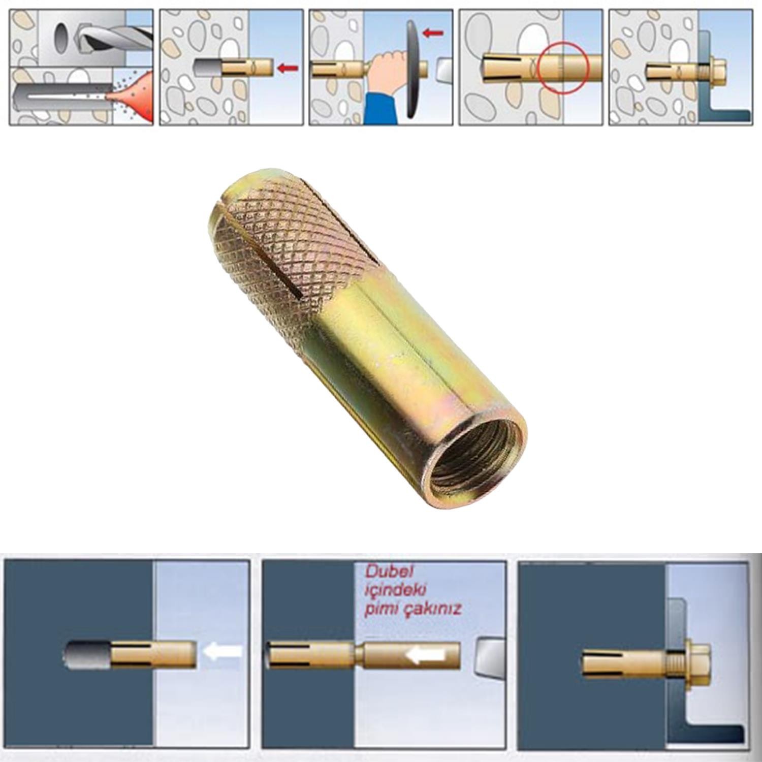 Çakma Çelik Dübel İç Dişli M14x60 mm Raf İskele Montaj Bağlantı Monte Beton Asma Aparat 8 Adet