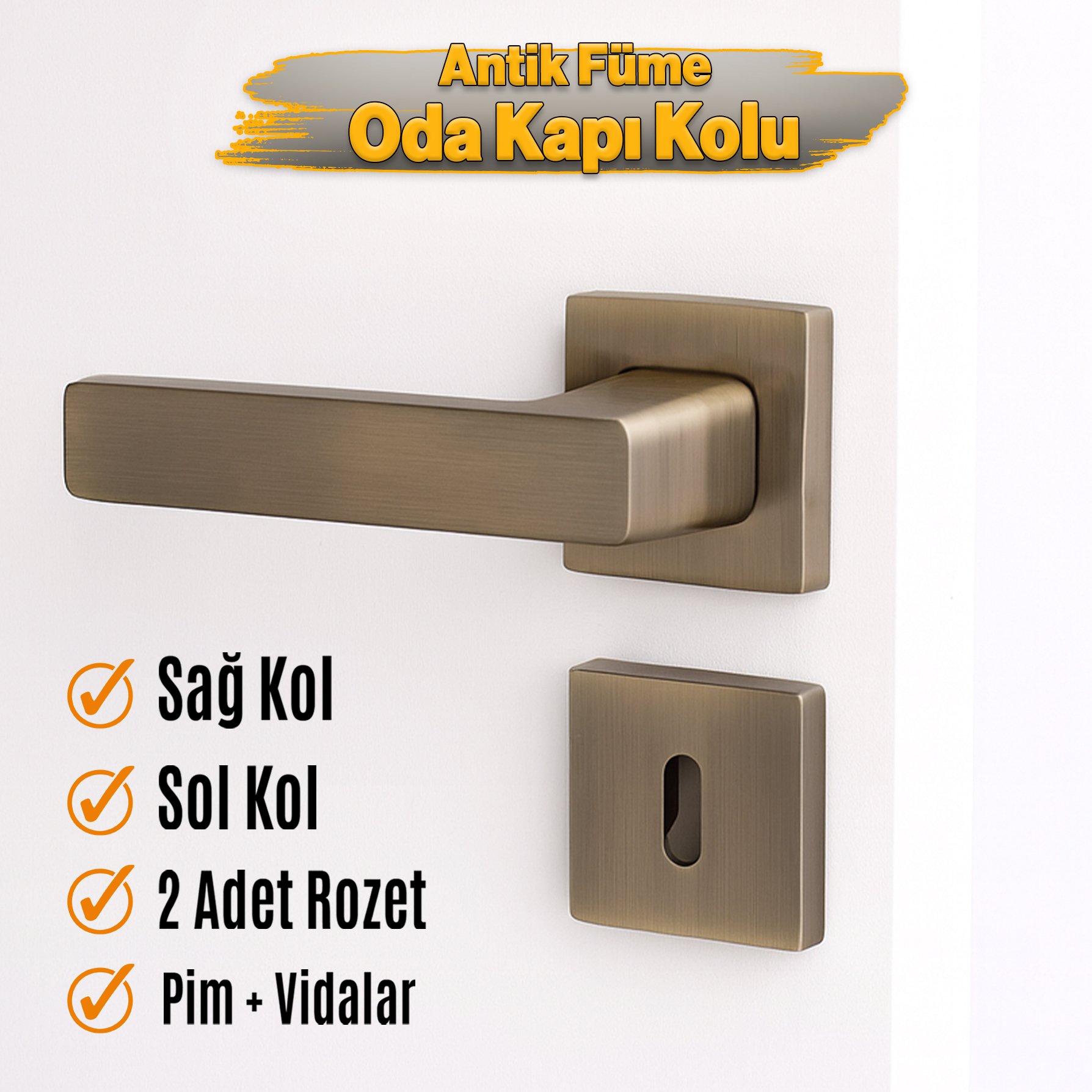 Antik Füme Oda Tipi Kapı Kolu Rozetli Sağ Sol Uygun Modern İç Kapı Kilitli 1 Takım