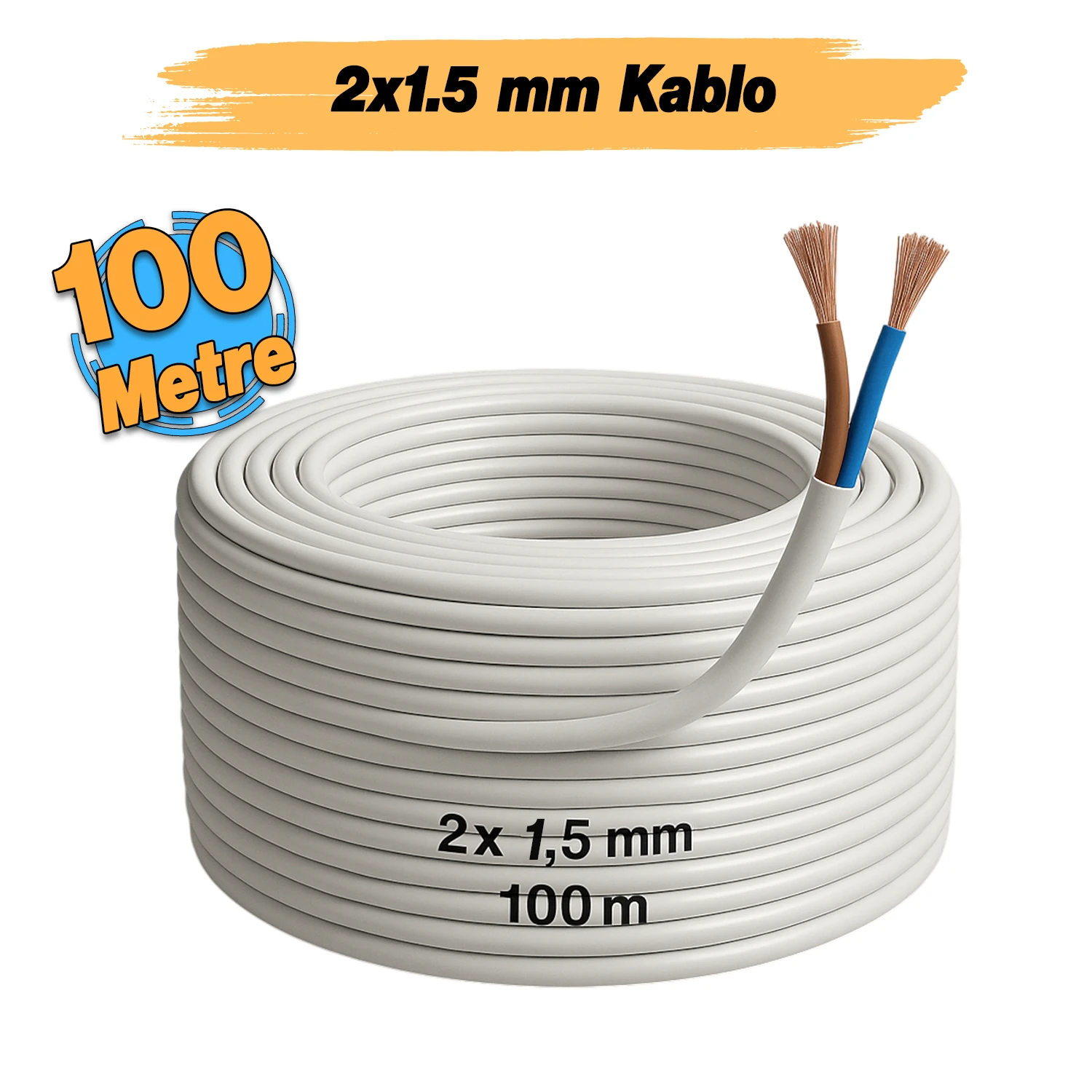 CCA Çok Telli Kablo 2x1.5 mm 100 Metre Elektrik Kablosu Topraklama Yok Alüminyum Alışım Beyaz Renk