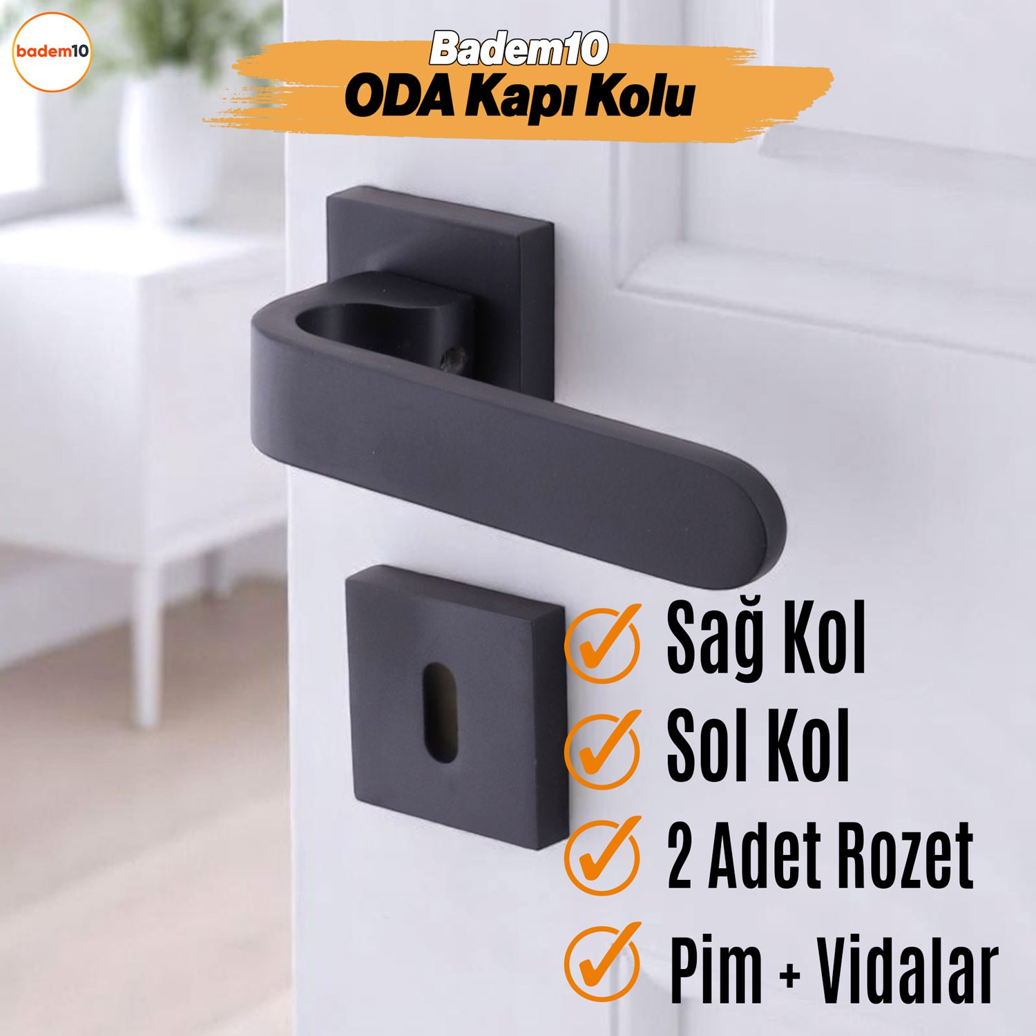 Ay Oda Kapı Kolu Siyah Kare Rozetli Sağa Sola Uygun İç Dış Ev Kapısı Kolları Kilitlenebilir 1 Takım