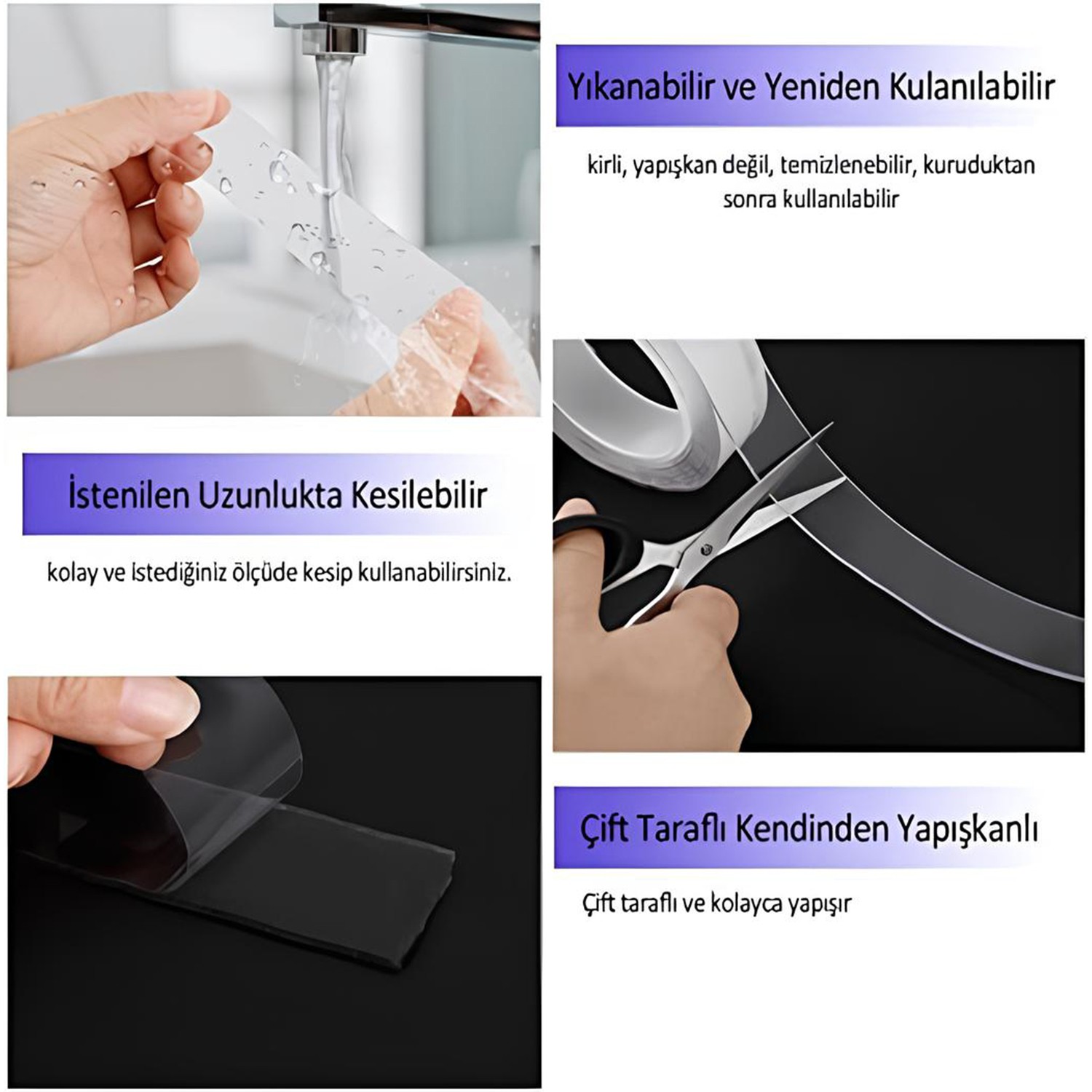 Çift Taraflı Nano Bant Montaj Çok Amaçlı Güçlü Yapıştırma Bandı Şeffaf 24 mm x 2 Metre Yıkanabilir