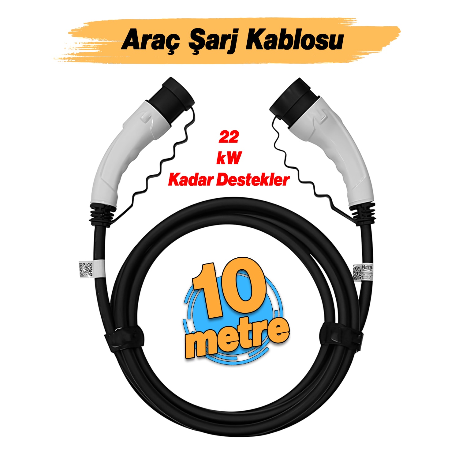 ( 10 Metre) Araç Şarj Kablosu 22 kW 3 Faz Type-2 Soket Elektrikli Çift taraflı Soketli Tak Çıkart