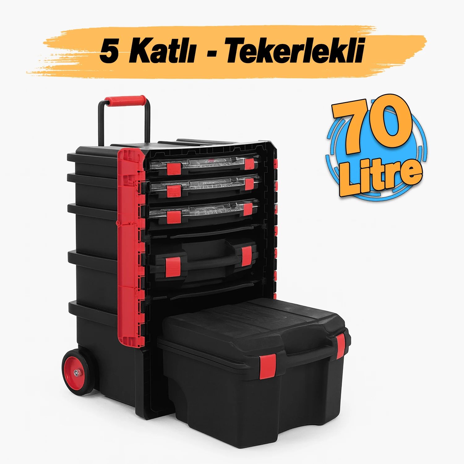 Tekerlekli 5 Katlı Taşınabilir 70 Litre Organizer Bölmeli Kulplu Kilitli Takım Çantası Alet Çanta
