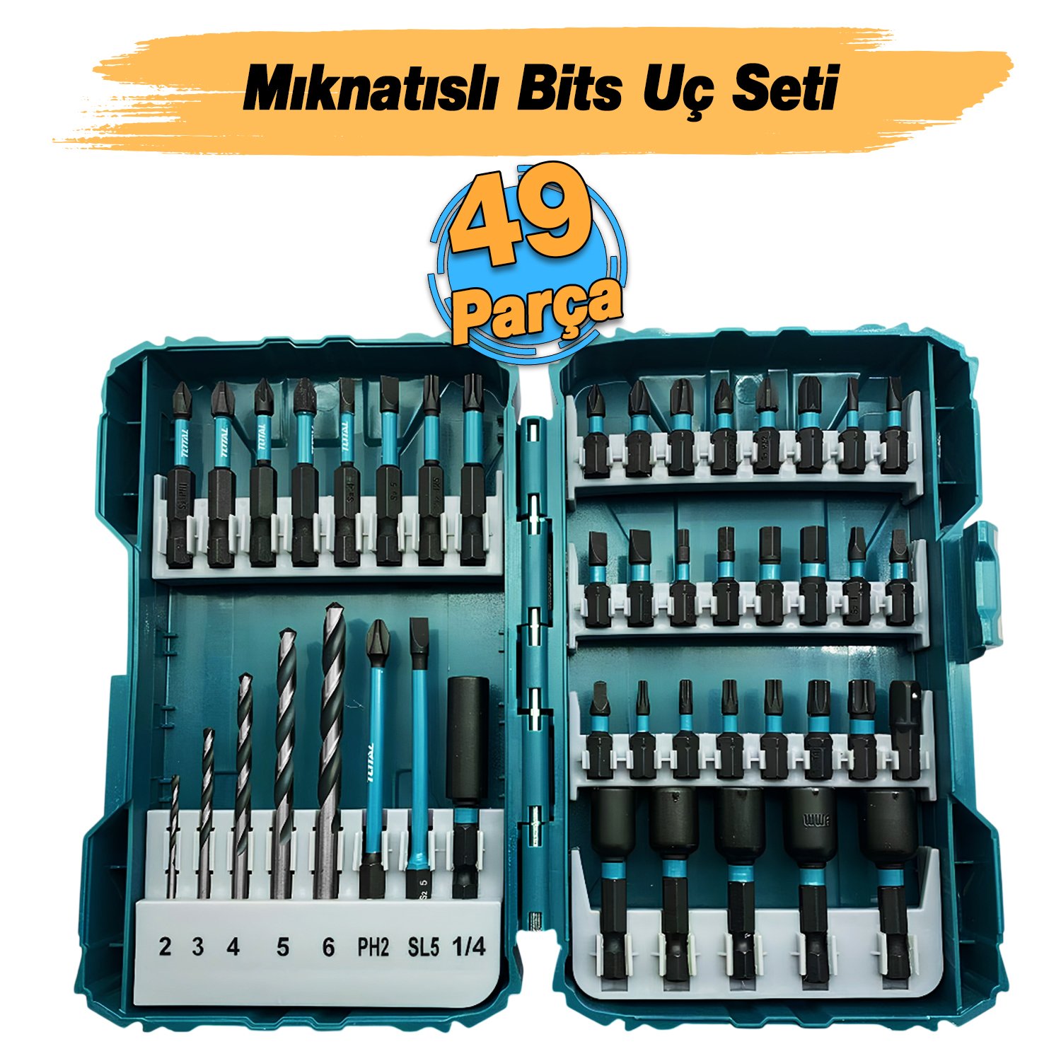 Mıknatıslı Darbeli Bits Uç Seti 49 'lu Set PZ PH SL Torx HSS Delme Ucu Somun Adaptör Ucu Tutucu