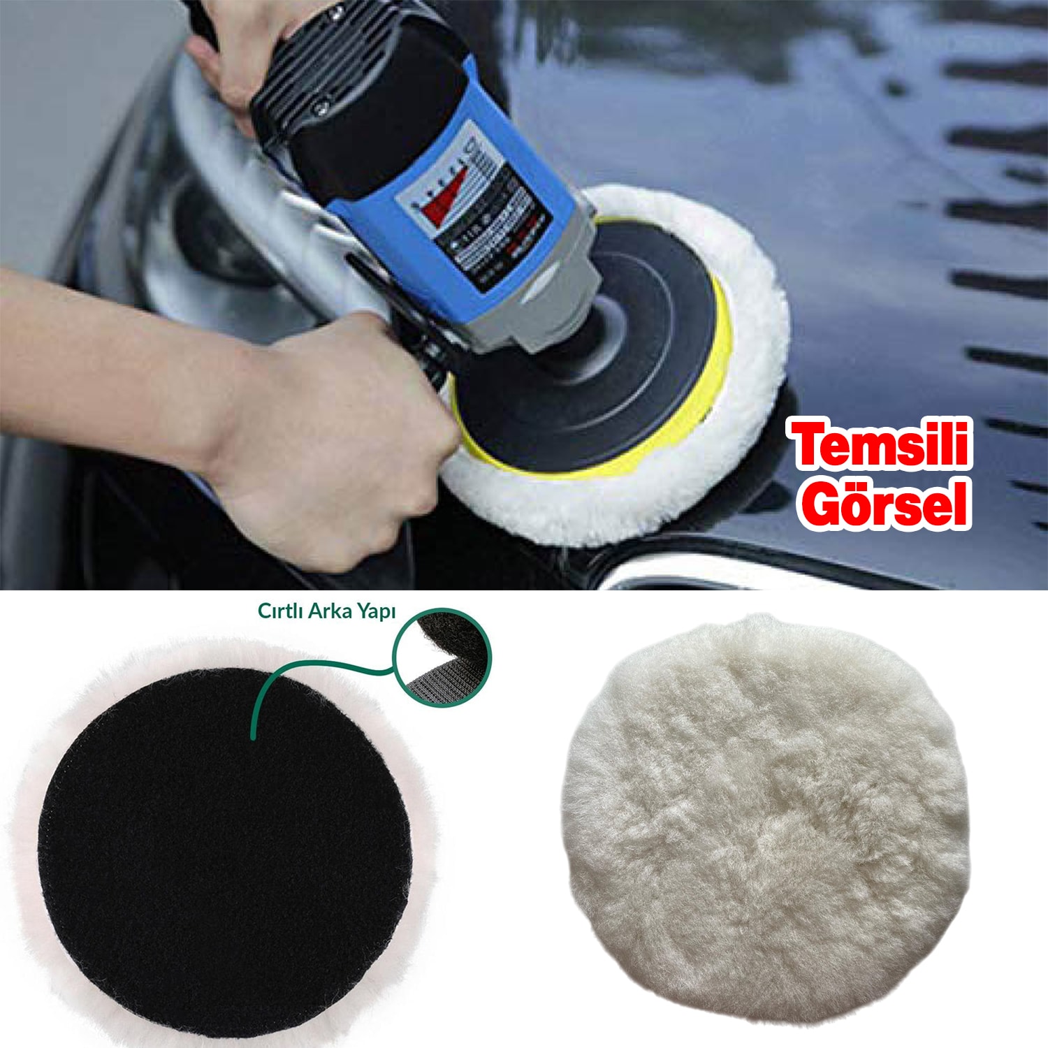 ( 3 Adet ) Koyun Postu Pedi Ø 125 mm Pasta Cila Polisaj Süngeri Cırt Tabanlı Kuzu Postu Yünü Keçesi Parlatma