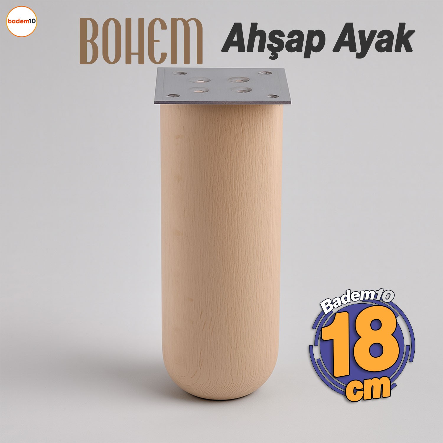 Bohem Doğal Ahşap Silindir Ayak 18 cm Aparat Dahil Mobilya Koltuk Kanepe Sehpa Masa Ayağı Ayakları