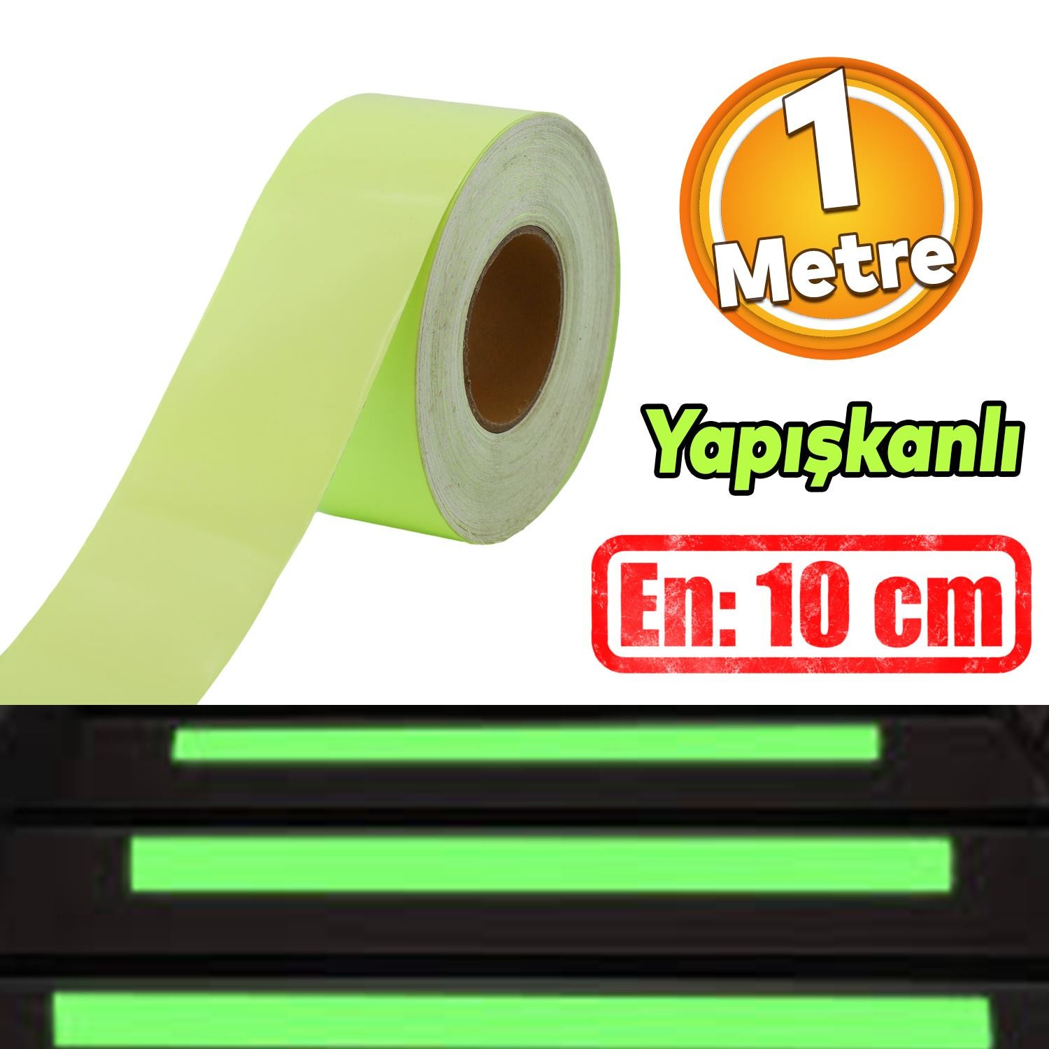 Fotolümen Gece Parlayan En 10 cm Reflektörlü 1 Mt İkaz Yeşil Fosforlu Reflektif Düz Şerit Bant 