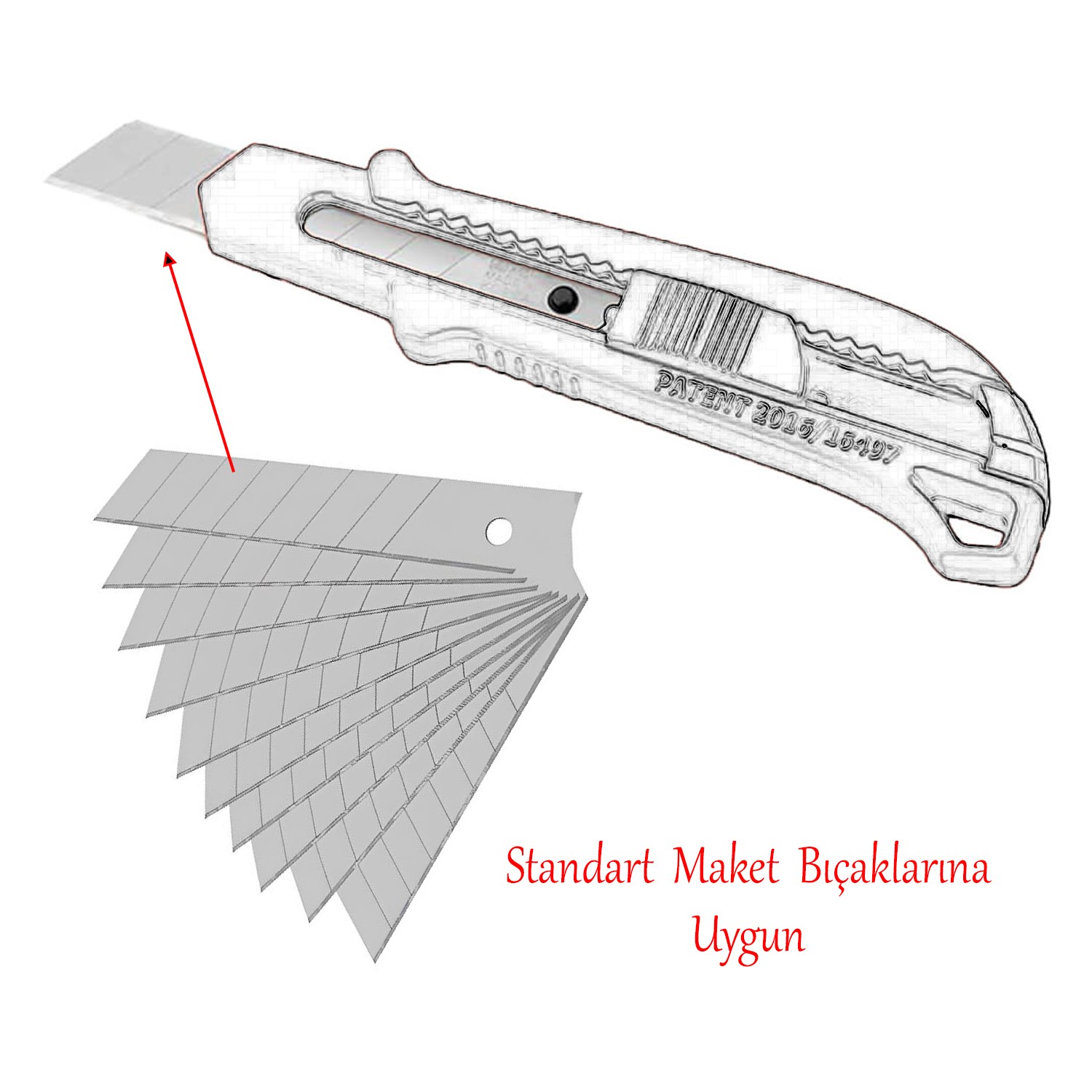 Maket Bıçağı Yedeği 10'lu Paket Ucu Kalınlık 0.50 mm En: 1.8 cm Uzunluk: 10 cm Kırılabilir Yedek Uç