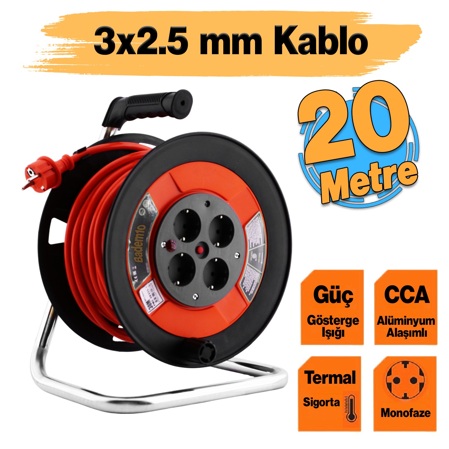 Bylion PME-20325-F Plastik Makaralı Monofaze Uzatma Kablosu 3x2.5 mm 20 Metre Seyyar CCA Alüminyum Alaşım Kablo 4 Priz