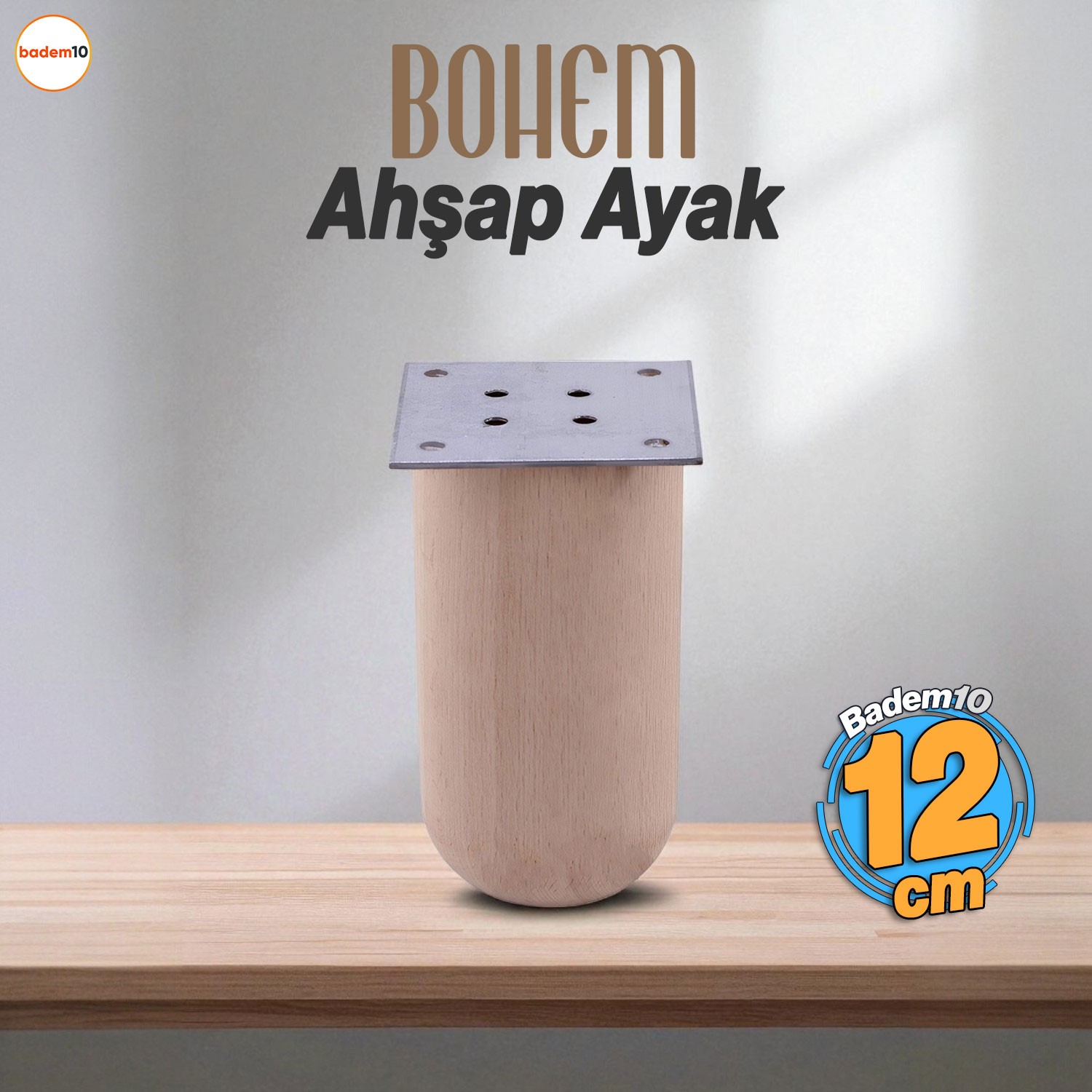 Bohem Doğal Ahşap Silindir Ayak 12 cm Aparat Dahil Mobilya Koltuk Kanepe Sehpa Masa Ayağı Ayakları
